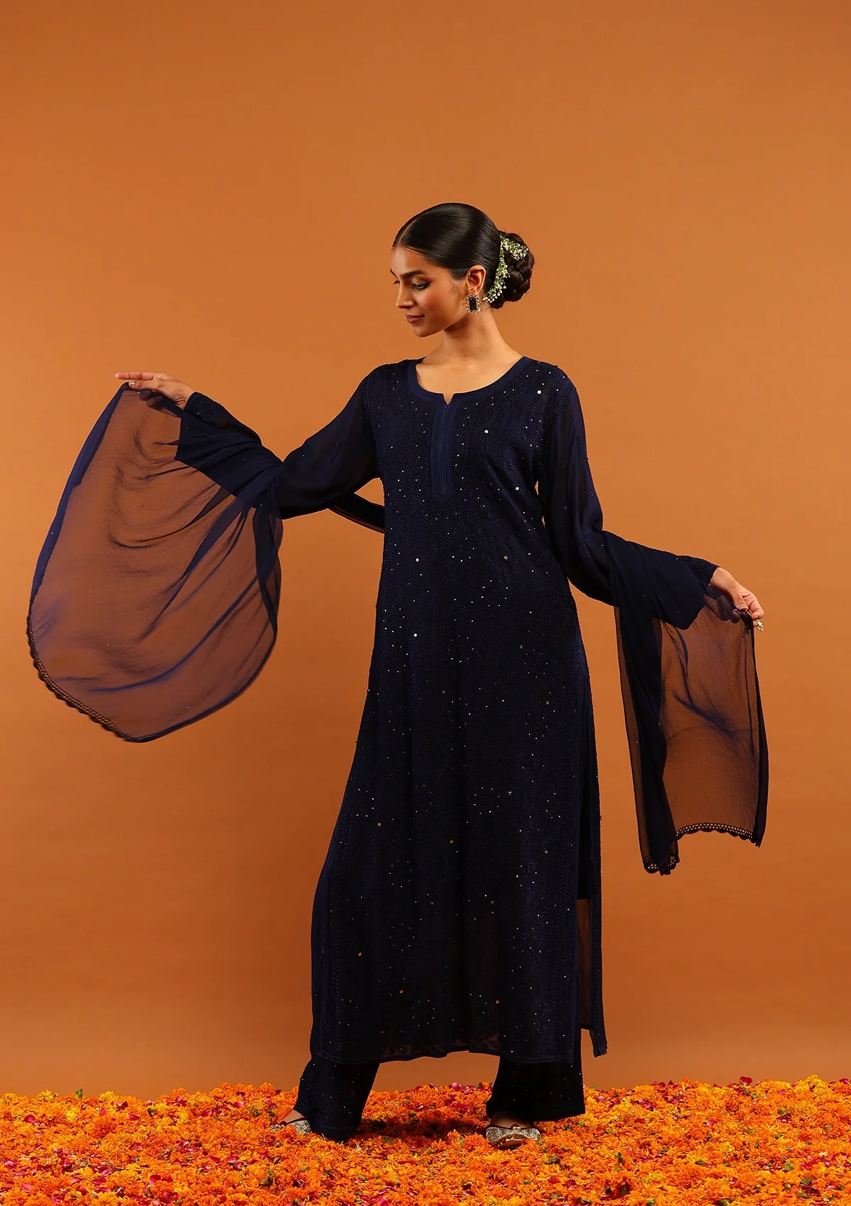 HOC Viscose Georgette Chikankari Mukaish & Kamdani Solid Women's 4 PC Long Kurta Set-Navy Blue - Healthber