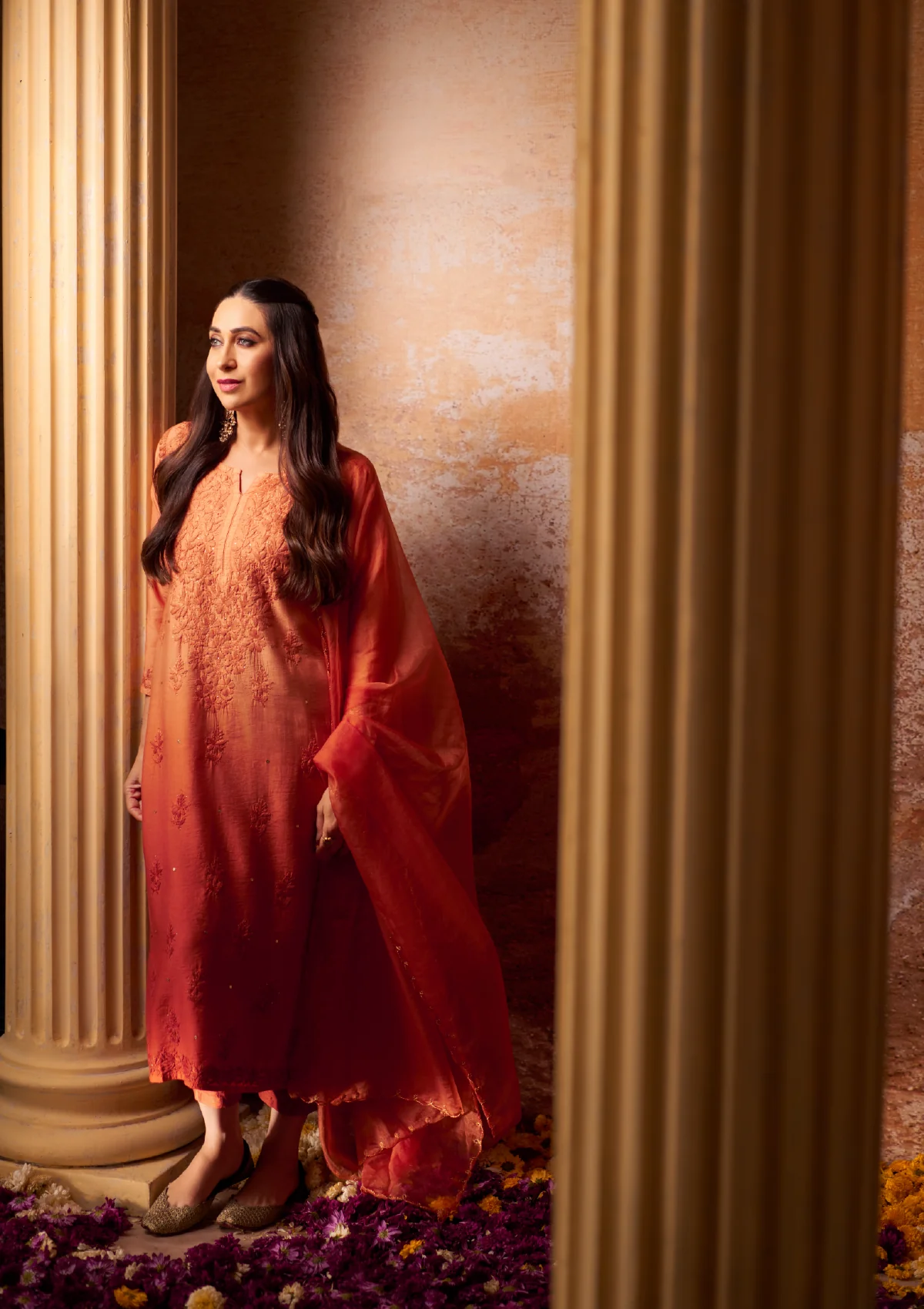 Karisma Chanderi Chikankari Mukaish With Kamdani Work Solid Women's 3 PC Long Kurta Set - Orange - Healthber