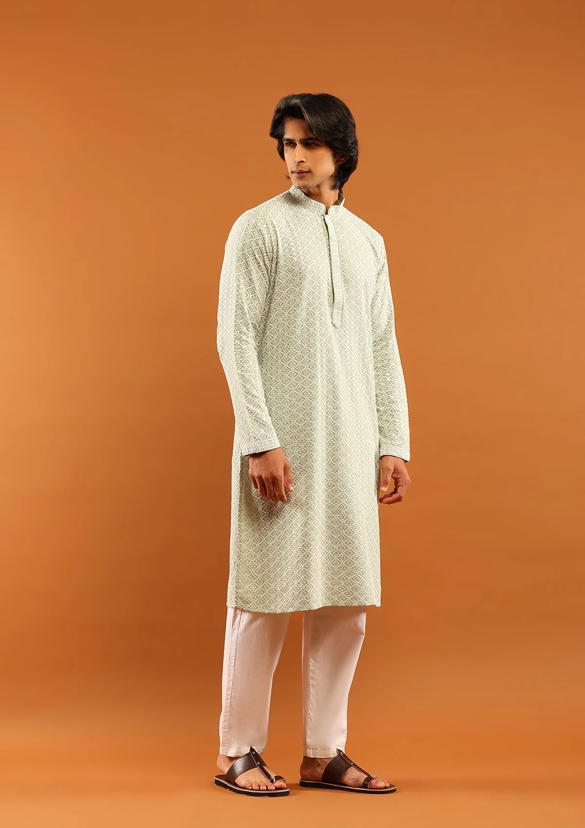 HOC Rayon Embroidered With Sequins Solid Men's Long Kurta- Pista Green - Healthber
