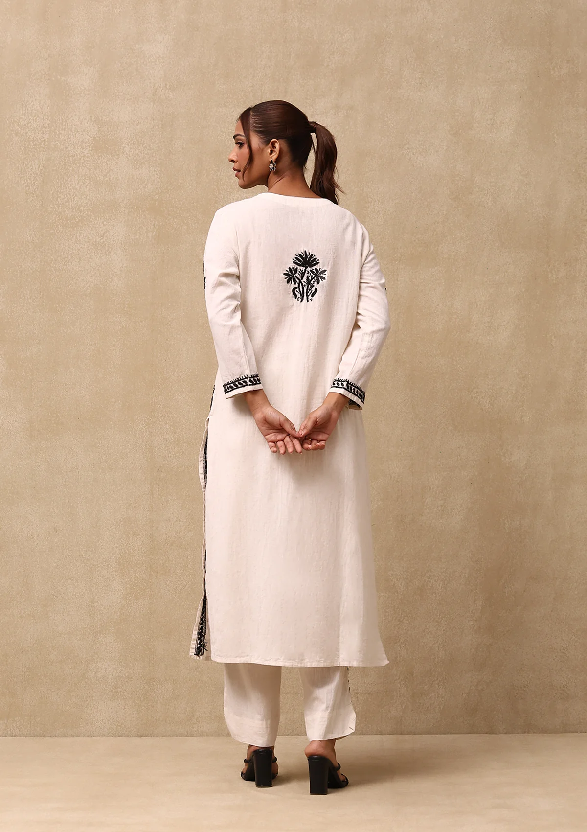 HOC Cotton Linen Blend Chikankari Solid Women's 2PC Long Kurta Set - Off White - Healthber
