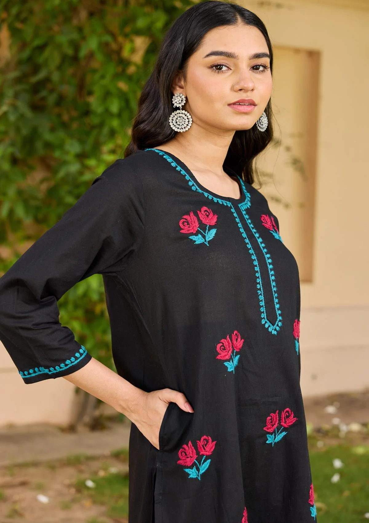 HOC Cotton Chikankari Solid Women's 2PC Long Kurta Set  - Black - Healthber