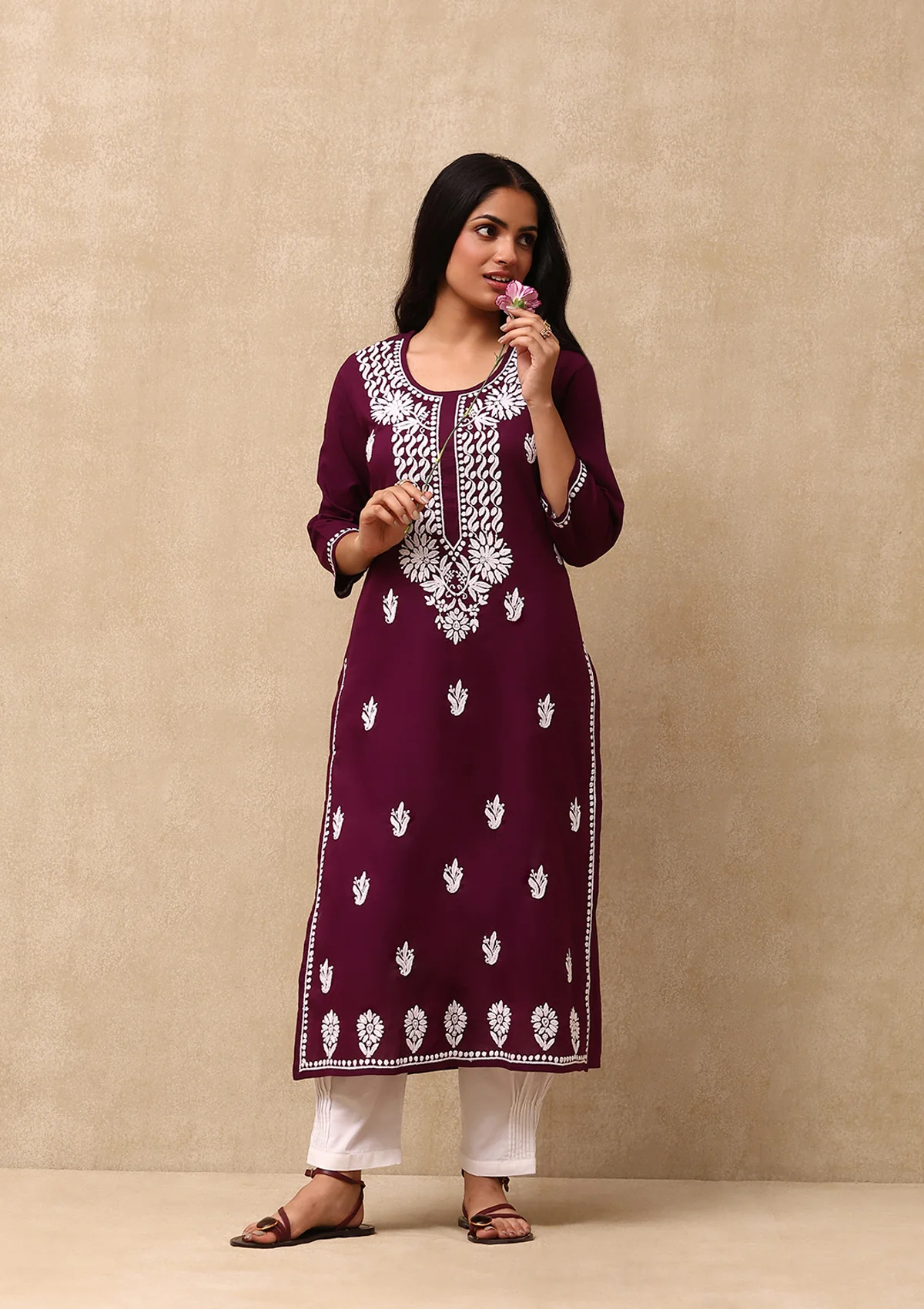 HOC Cotton Chikankari Solid Women's Long Kurta  - Dark Purple - Healthber