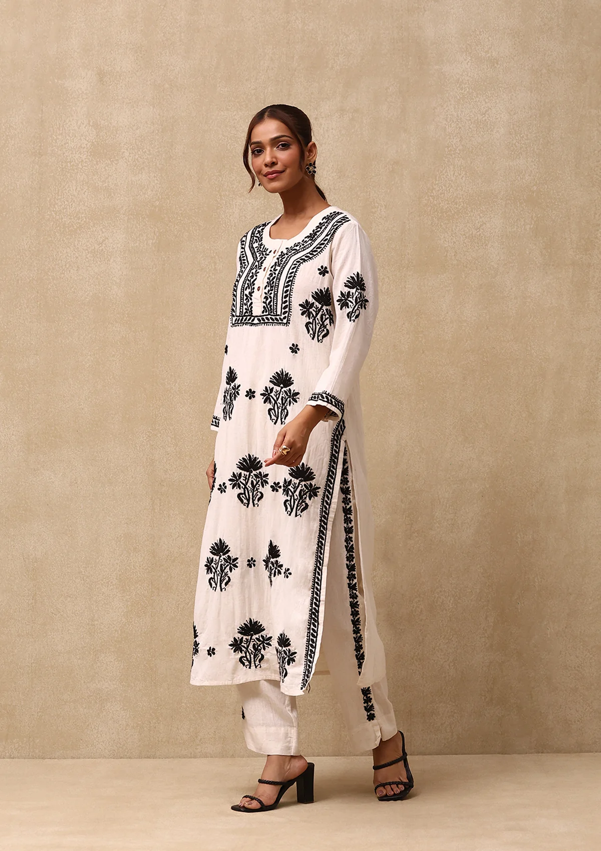 HOC Cotton Linen Blend Chikankari Solid Women's 2PC Long Kurta Set - Off White - Healthber