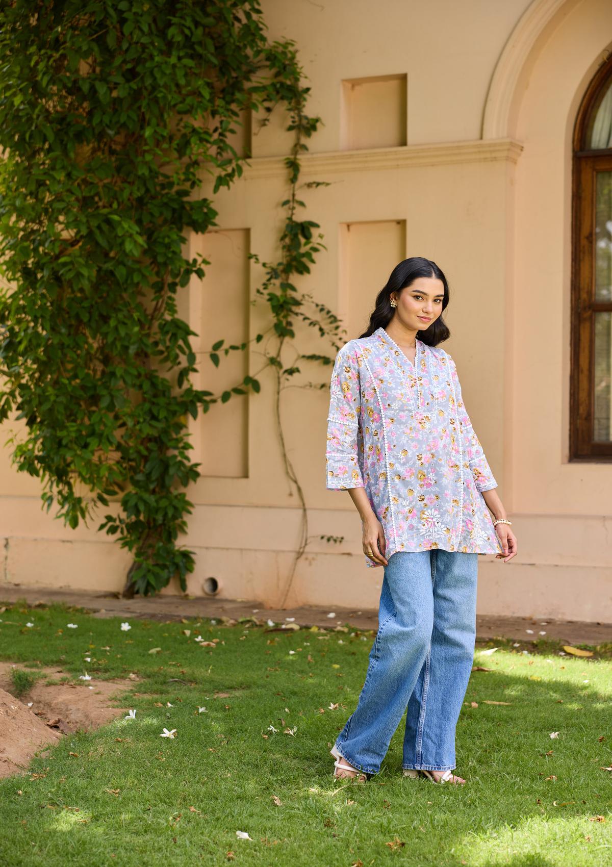 HOC Cotton Chikankari Printed Women's Short Kurta - Grey - Healthber