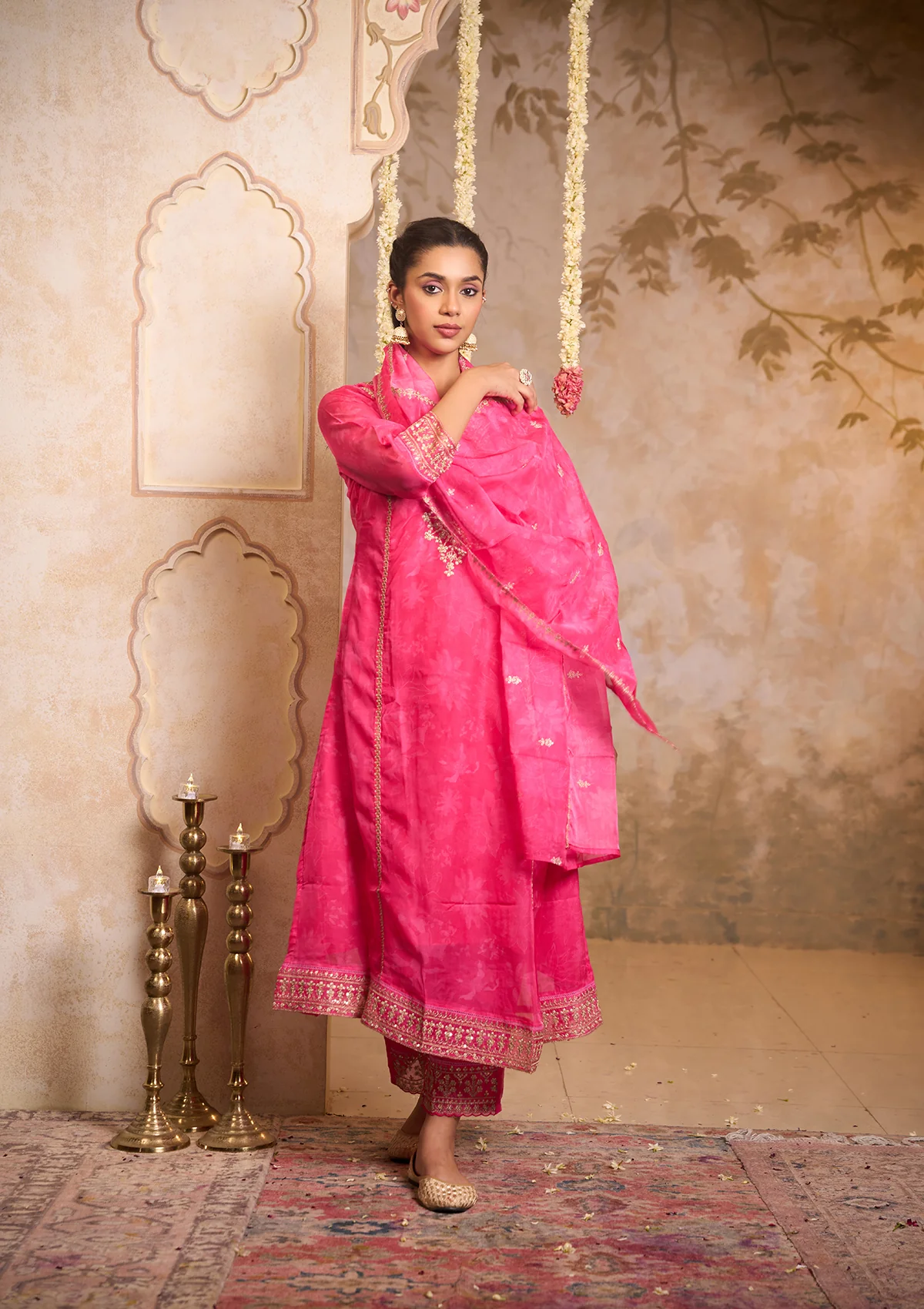 HOC Organza Blend Embroidered Zardozi Printed Women's 3 PC A-Line Kurta Set-Pink - Healthber