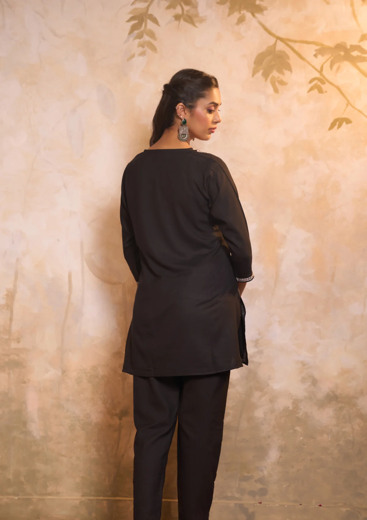 HOC Cotton Embroidered Zari Work Solid Women's 2 PC Co-ords-Set - Black - Healthber
