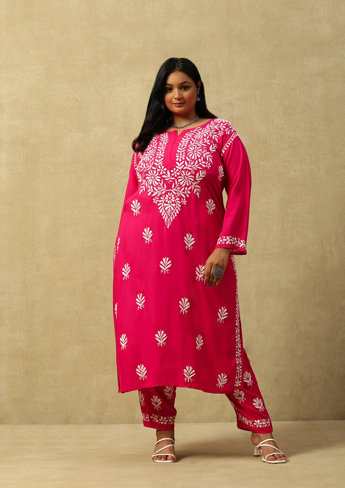 HOC Rayon Chikankari Solid Women's 2 PC Long Kurta Set-Dark Pink - Healthber