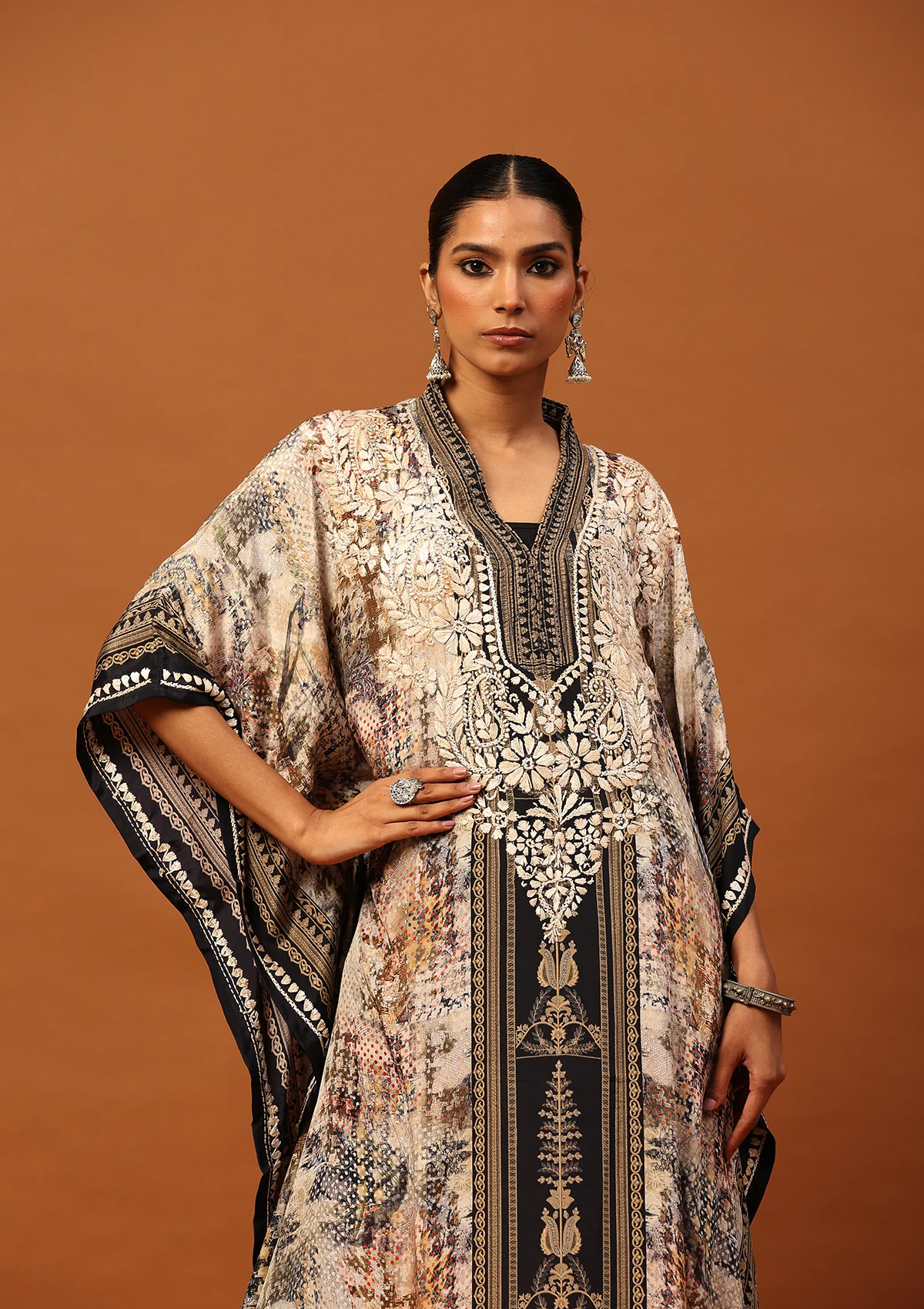 HOC Crepe Chikankari Printed Women's Kaftan -Brown - Healthber