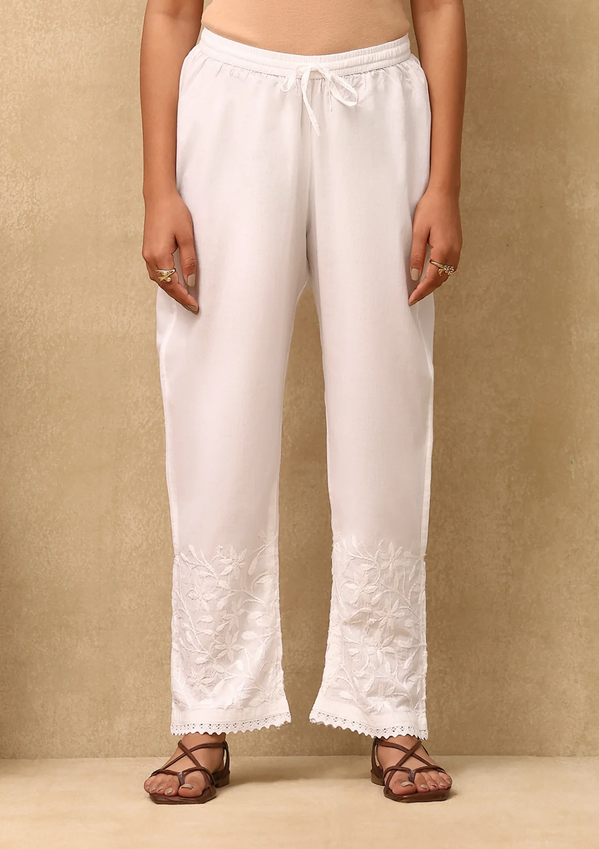 Cotton Chikankari With Lace Solid Women's Palazzo - White - Healthber