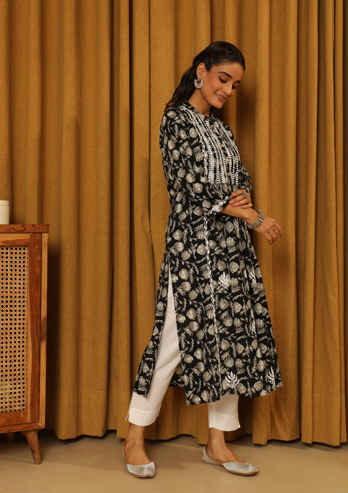 HOC Cotton Chikankari Printed Women's Long Kurta - Black - Healthber