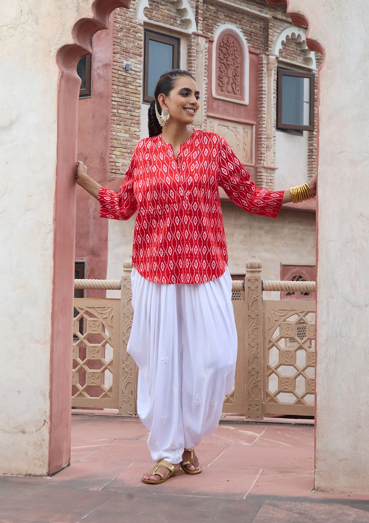 HOC Glazed Cotton Hand Block Printed with Hand Embroidery Women's Short Kurta - Red - Healthber