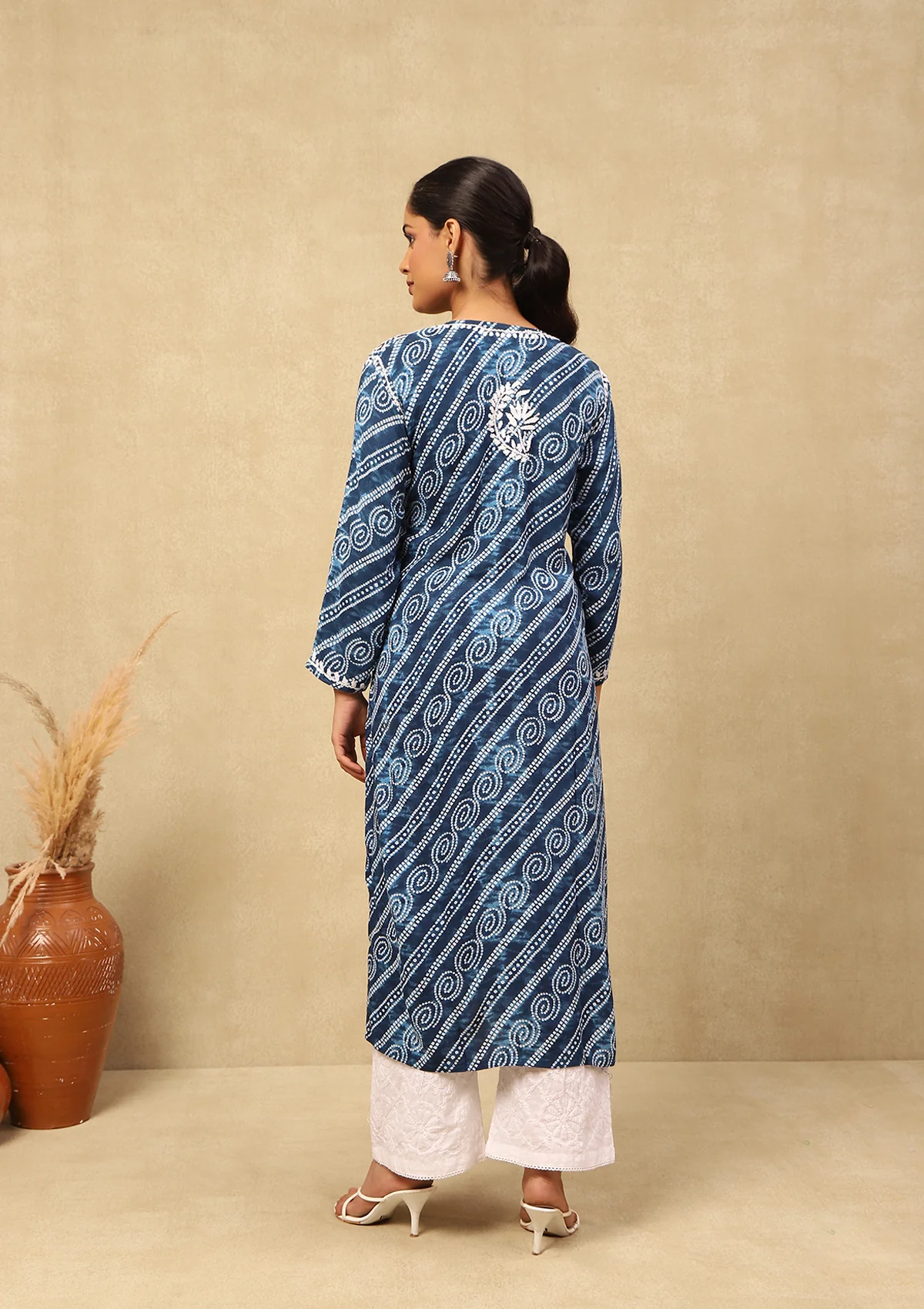 HOC Rayon Chikankari Bandhani Printed Women's Long Kurta-Blue - Healthber