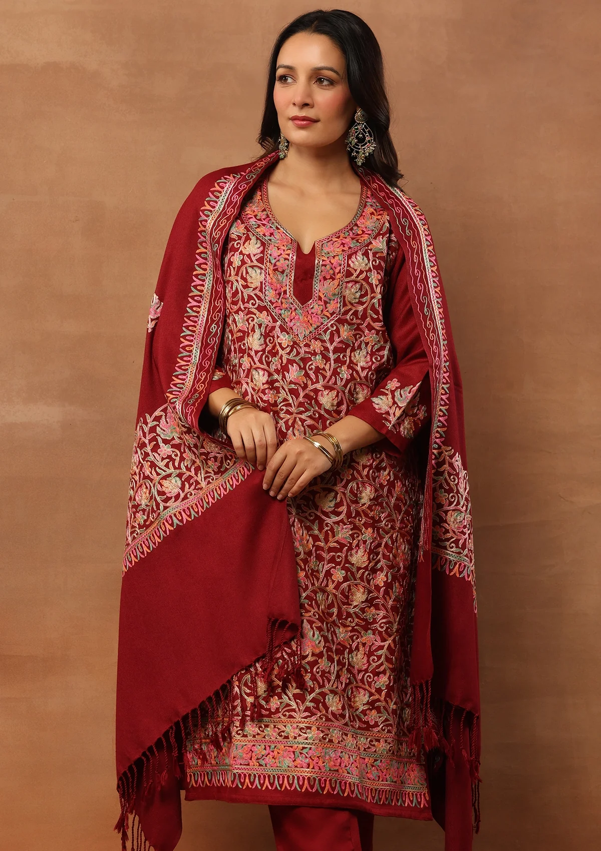 HOC Aari Woollen Straight Kurta Set with Dupatta-Maroon - Healthber