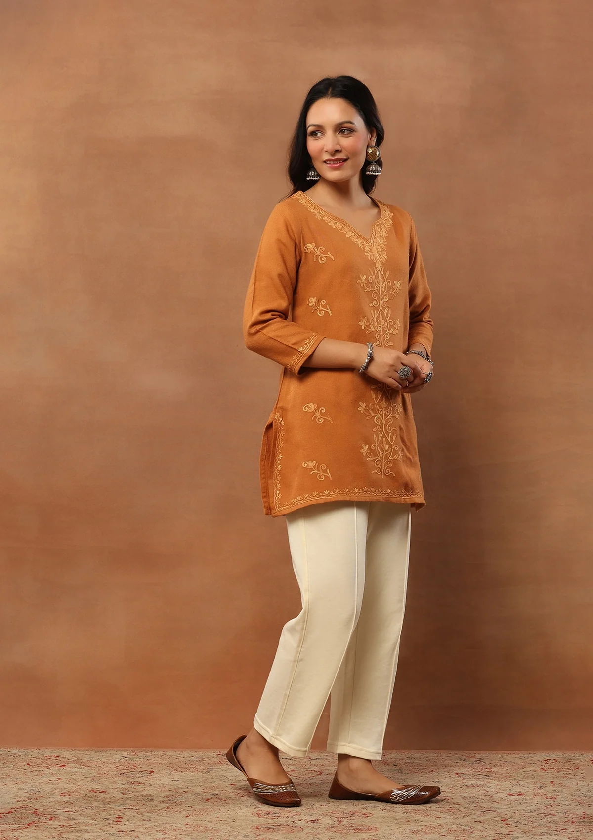 HOC Aari Embroidered Woollen Solid Women's Short Kurta - Rust - Healthber