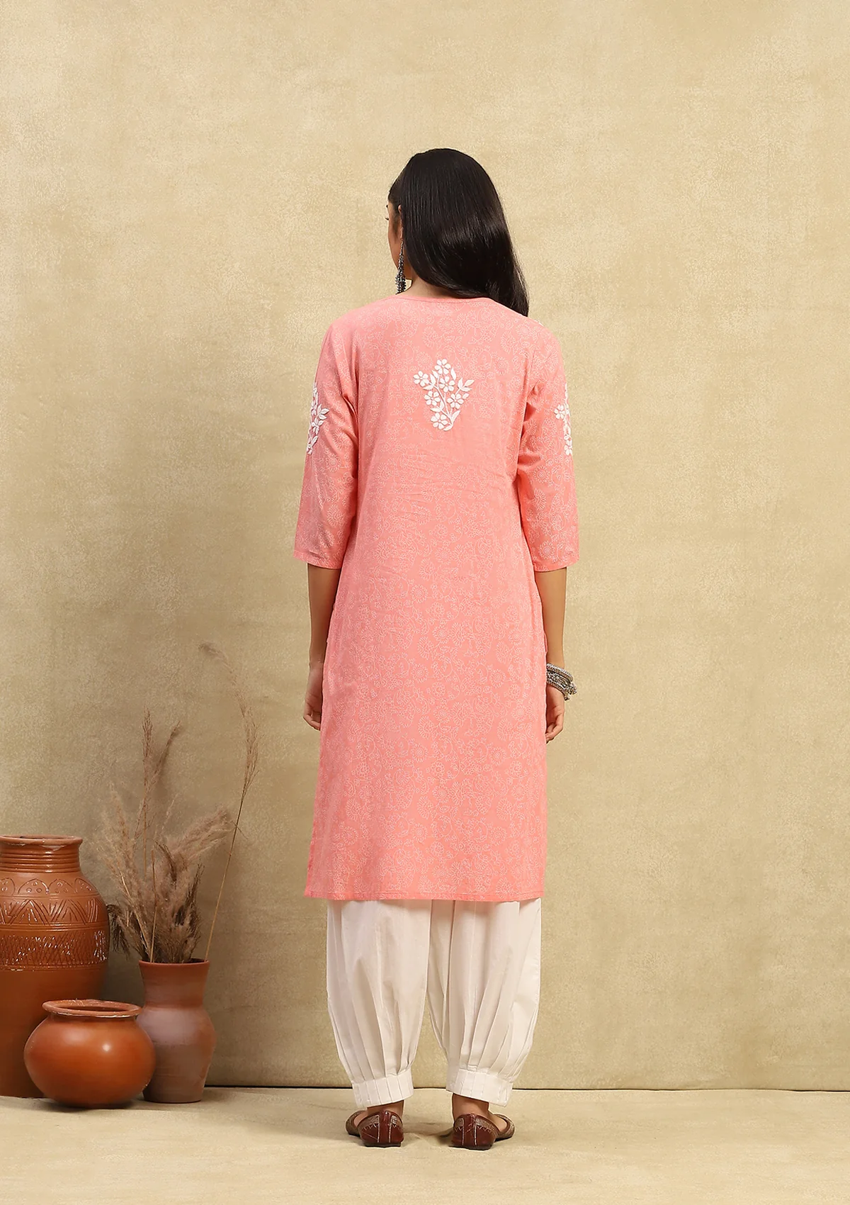 HOC Cotton Chikankari Printed Women's Long Kurta - Peach - Healthber