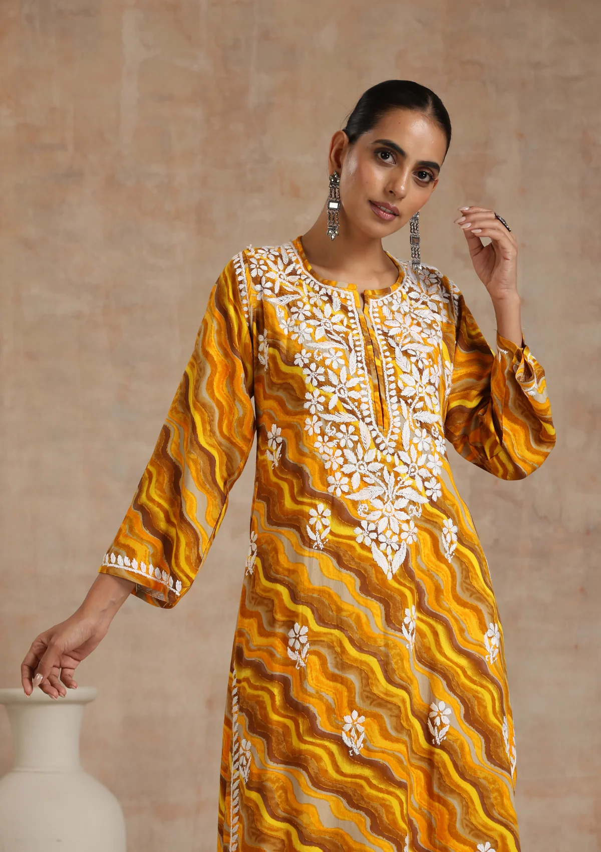 HOC Rayon Chikankari Printed Women's Long Kurta - Yellow - Healthber