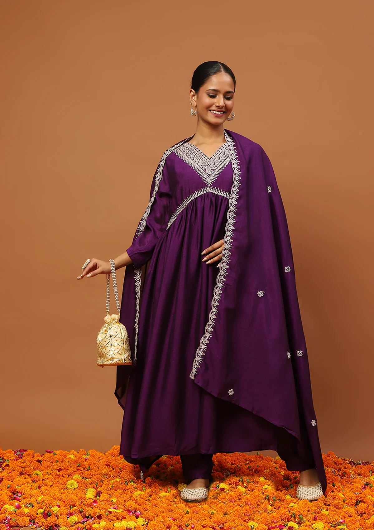 HOC Silk Blend Embroidered With Sequins Solid Women's 3 PC A-Line Kurta Set-Purple - Healthber