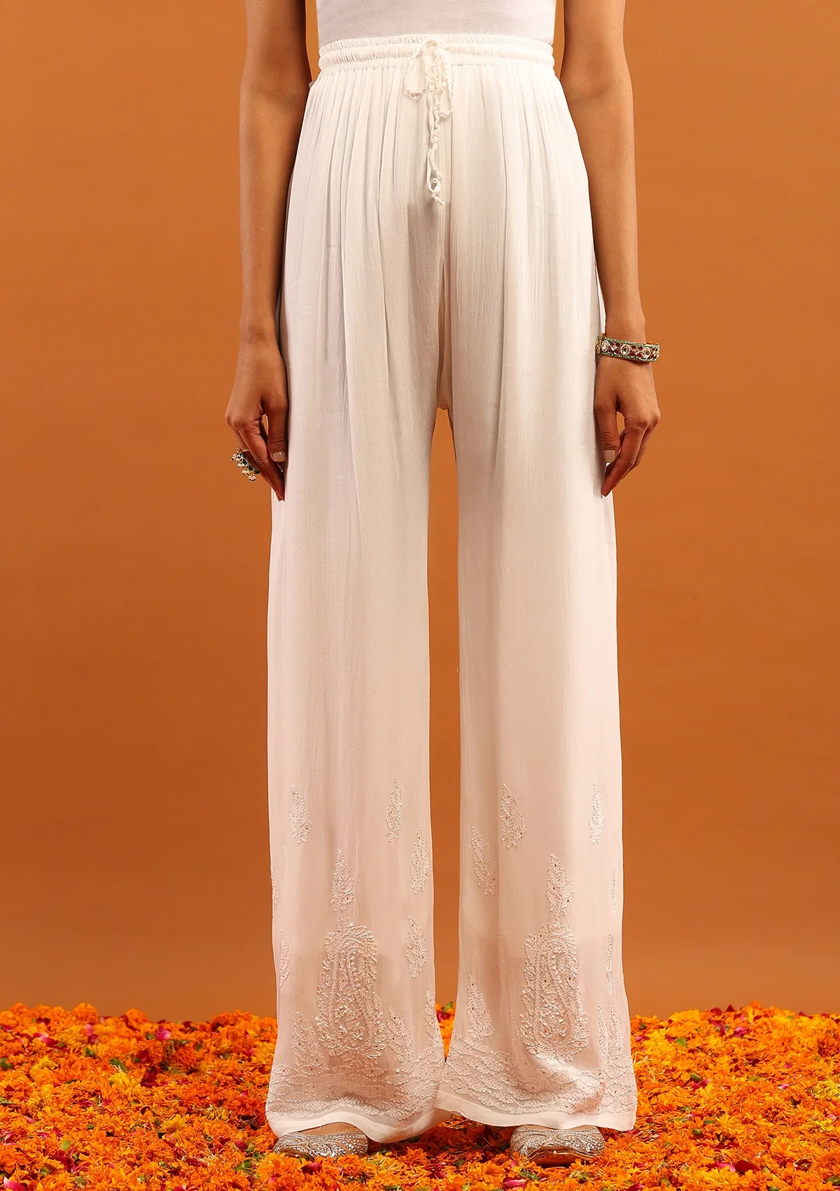 HOC Viscose Georgette Chikankari Mukaish & Kamdani Solid Women's 3 PC Long Kurta Set-White - Healthber