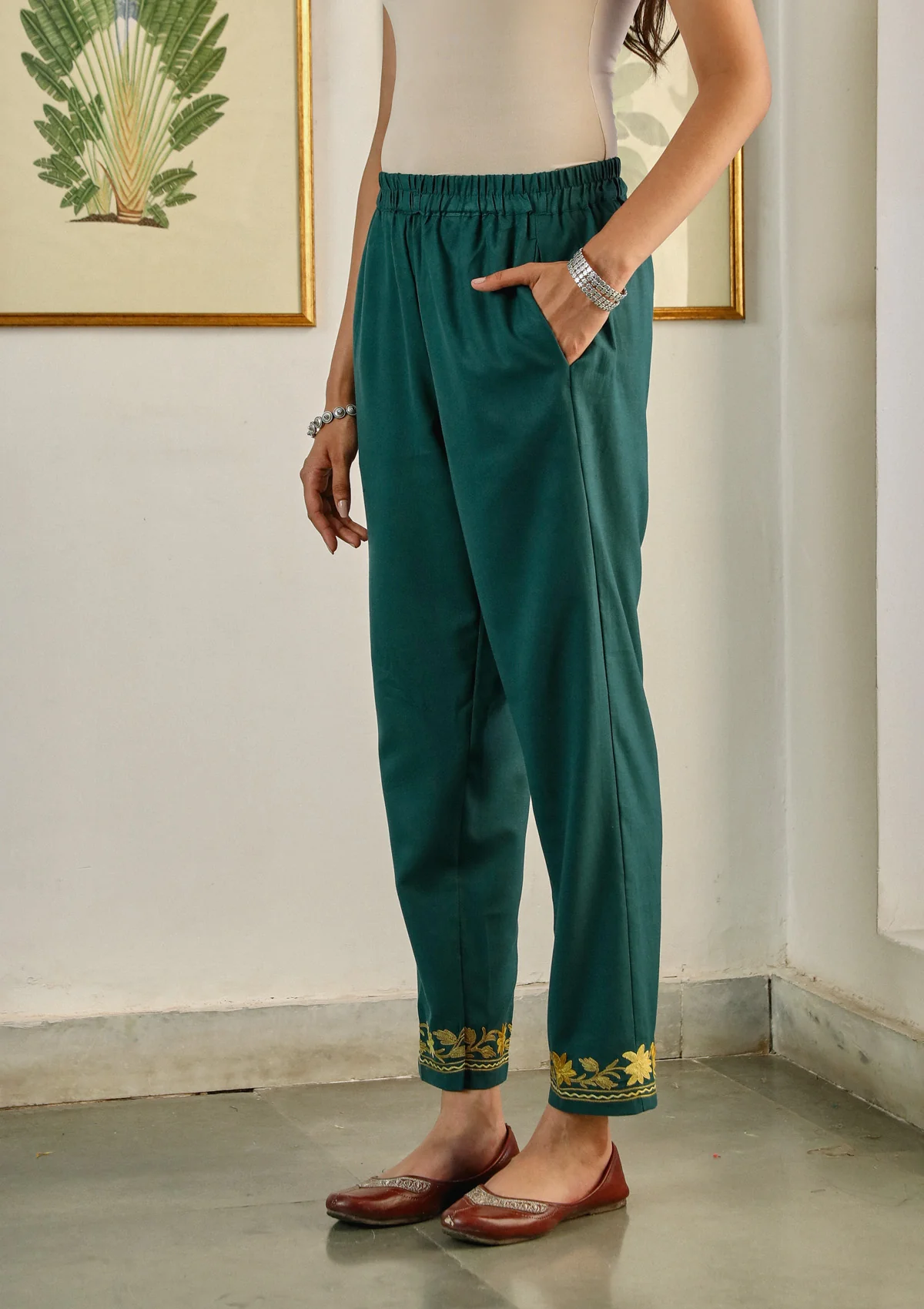 HOC Aari Embroidered Cotton Solid Women's 2PC Long Kurta Set - Teal Green - Healthber