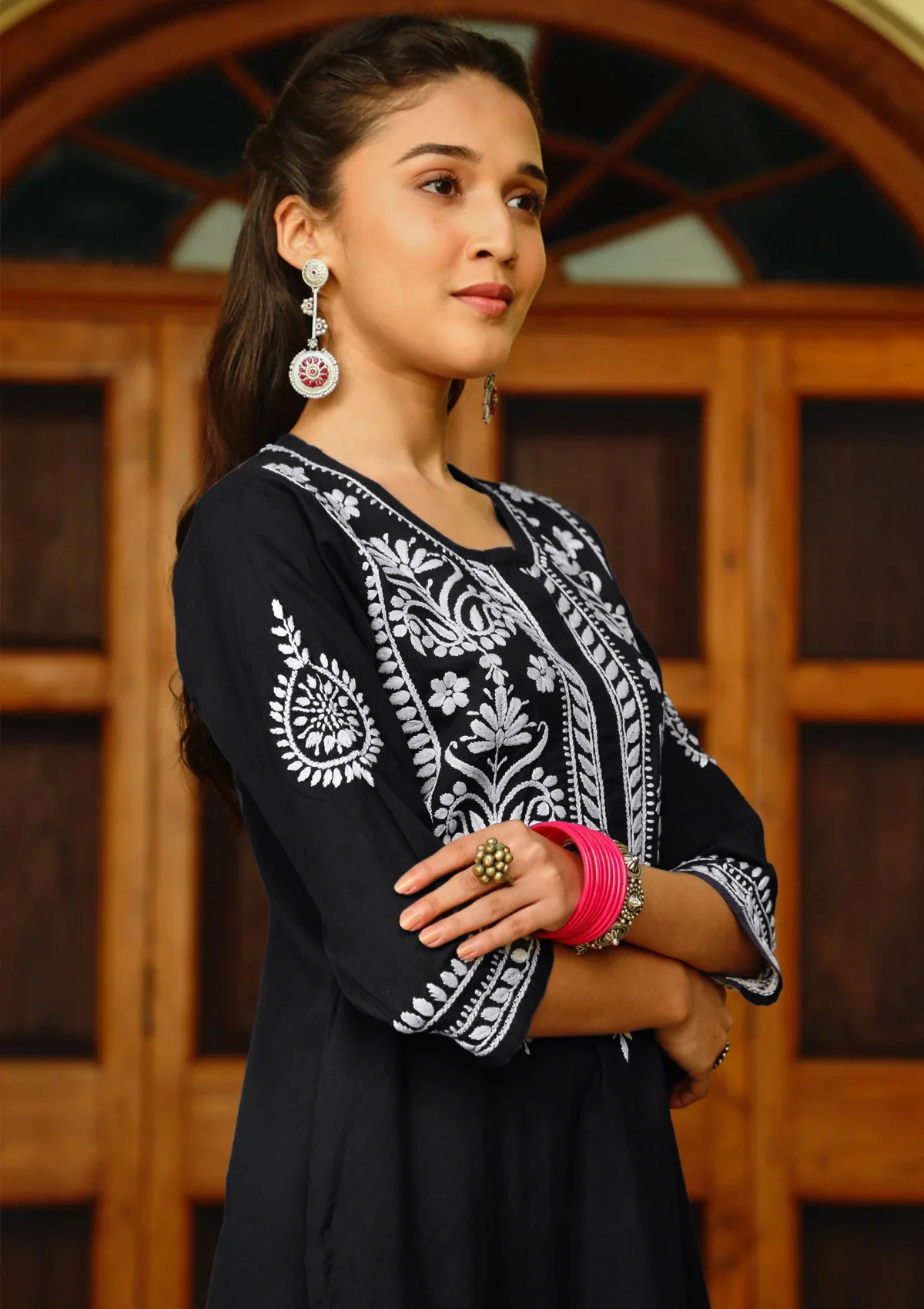 HOC Soha Chikankari Cotton Straight Kurta Set - Black - Healthber