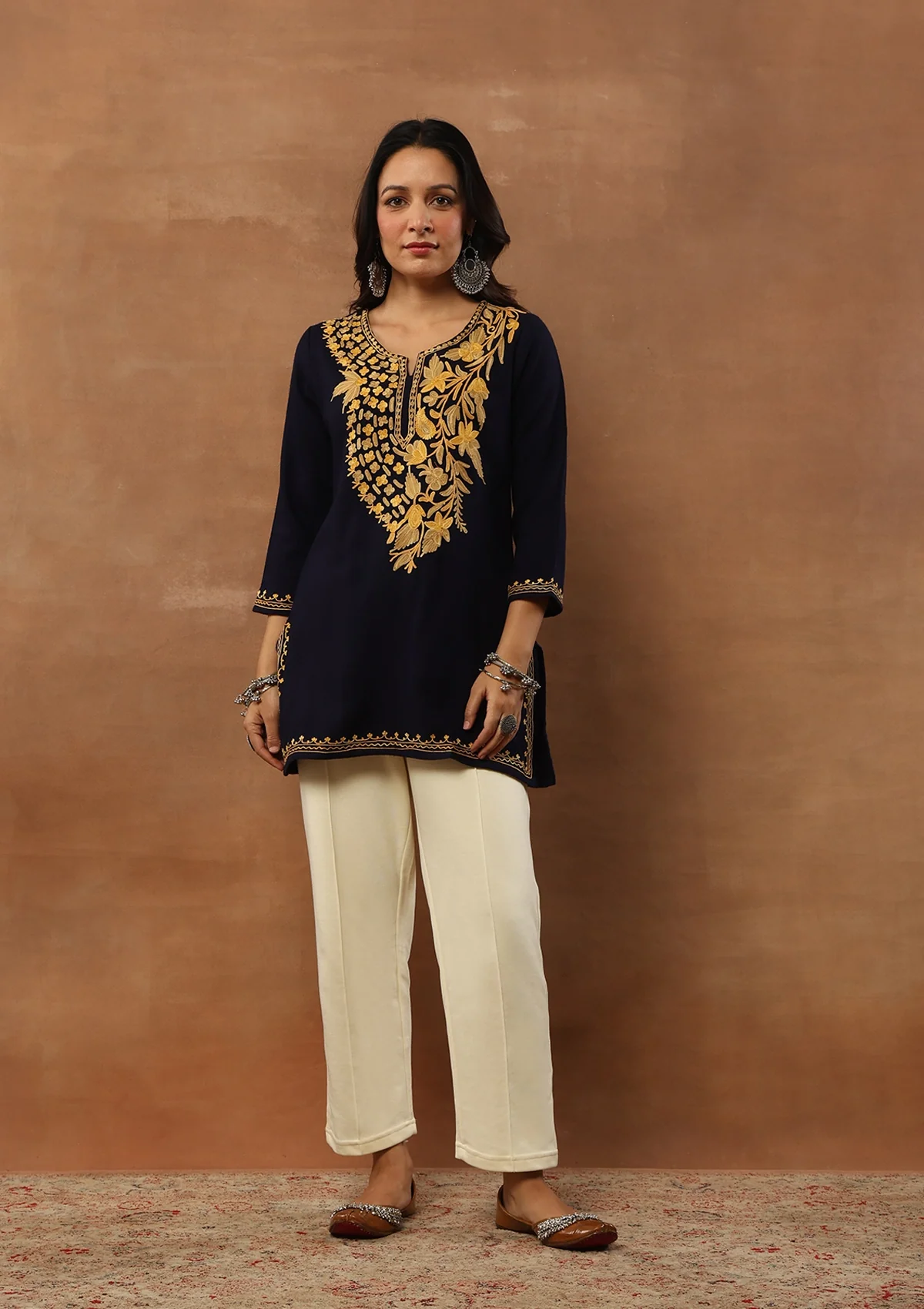 HOC Aari Embroidered Woollen Solid Women's Short Kurta - Navy Blue - Healthber