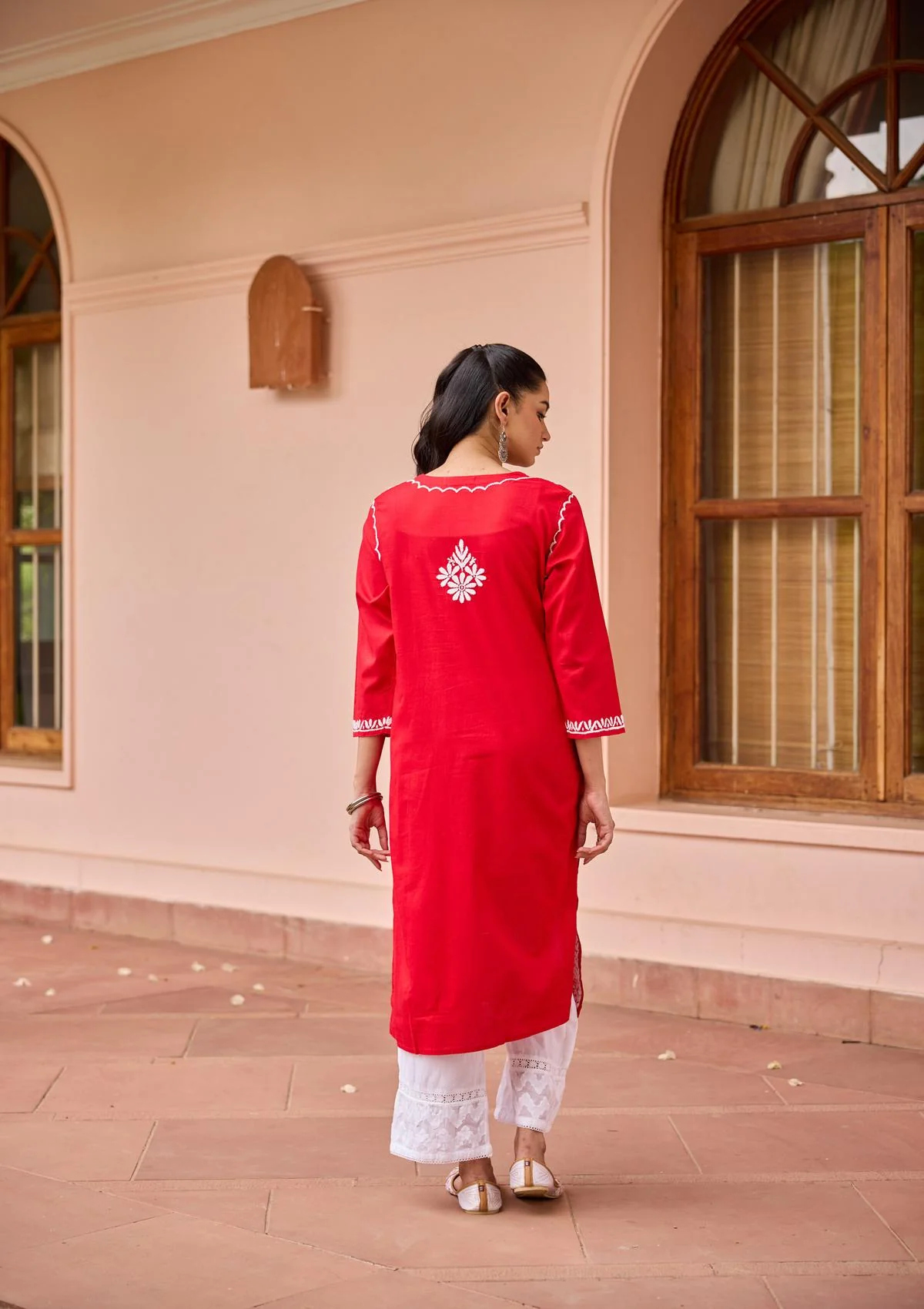 HOC Cotton Chikankari Solid Women's Long Kurta - Red - Healthber
