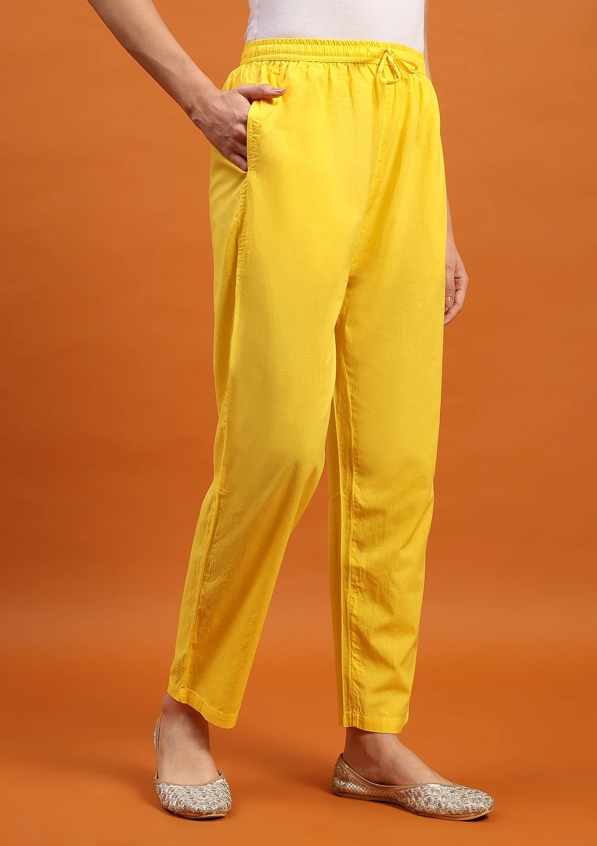 HOC Cotton Solid Women's Pants -Yellow - Healthber