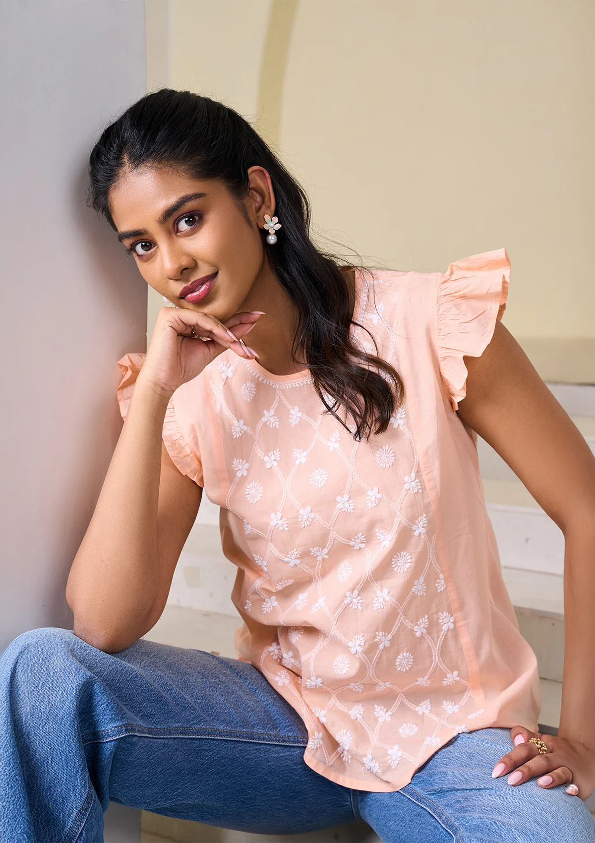 HOC Cotton Chikankari Solid Women's Top - Peach - Healthber