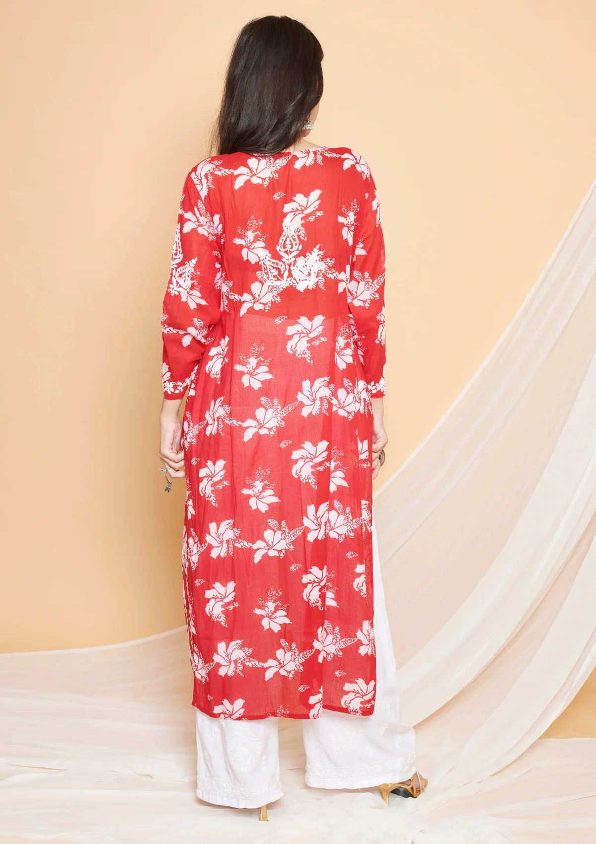 HOC Tamara Mulmul Chikankari Printed Women's Straight Kurta - Red - Healthber