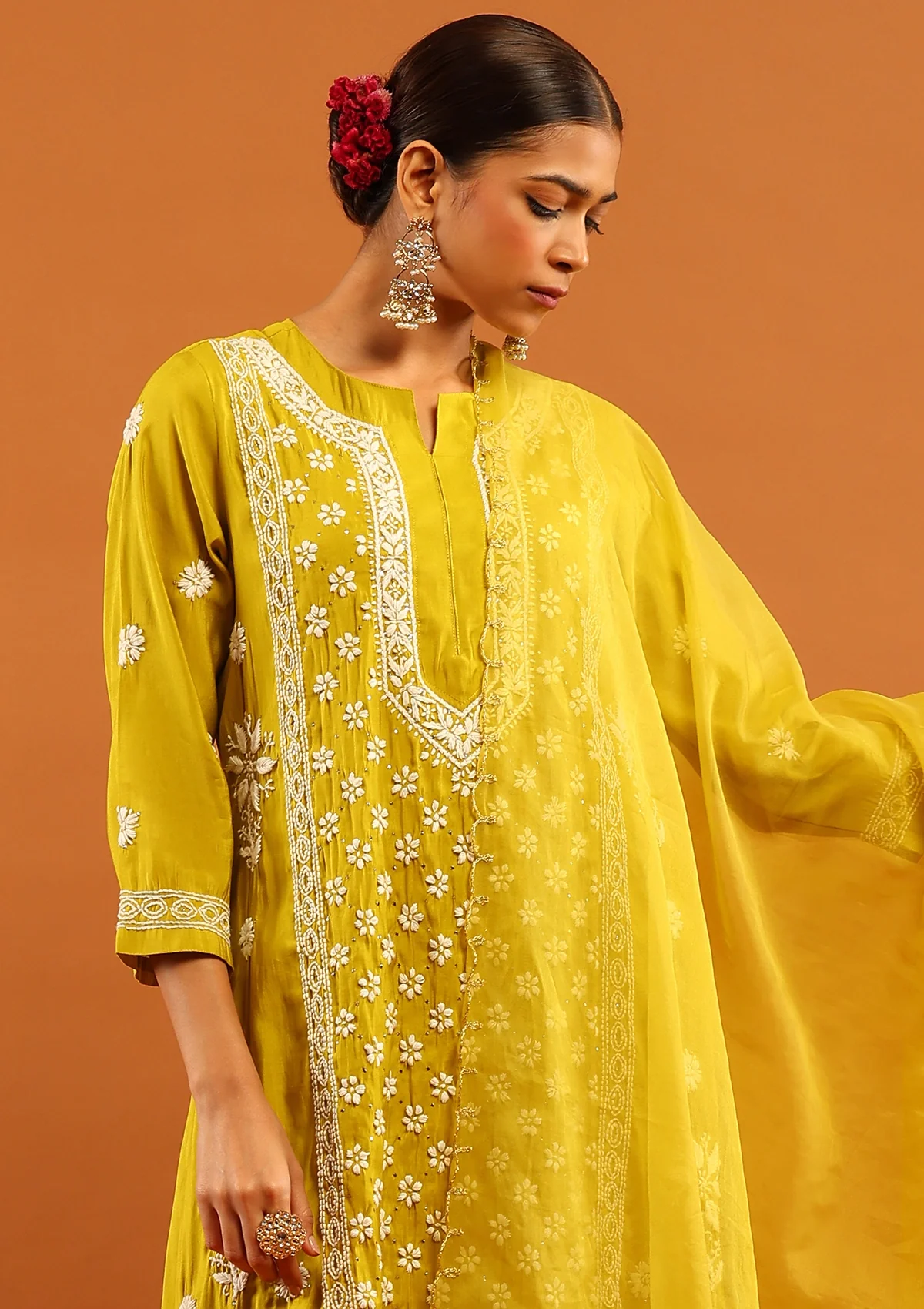 HOC Chanderi Chikankari Solid Women's 3 PC Long Kurta Set-Green - Healthber