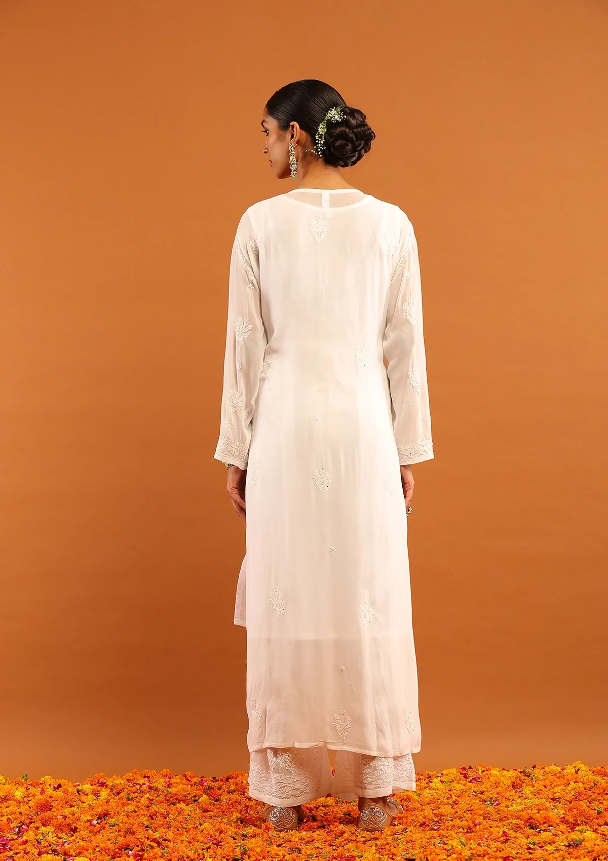 HOC Viscose Georgette Chikankari Mukaish & Kamdani Solid Women's 4 PC Long Kurta Set-White - Healthber