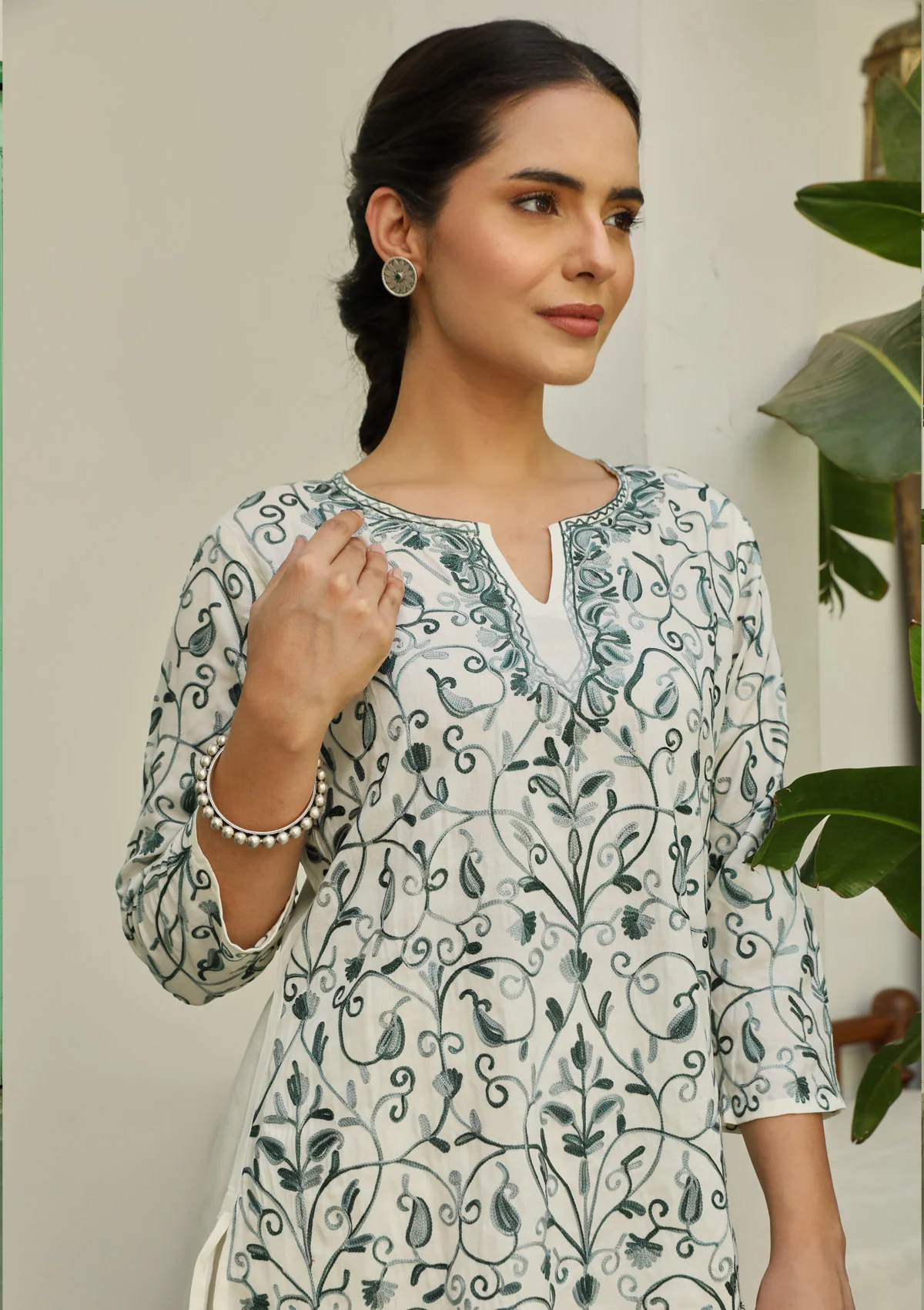 HOC Aari Embroidered Cotton Solid Women's 2 PC Co-ord Set - Off White - Healthber