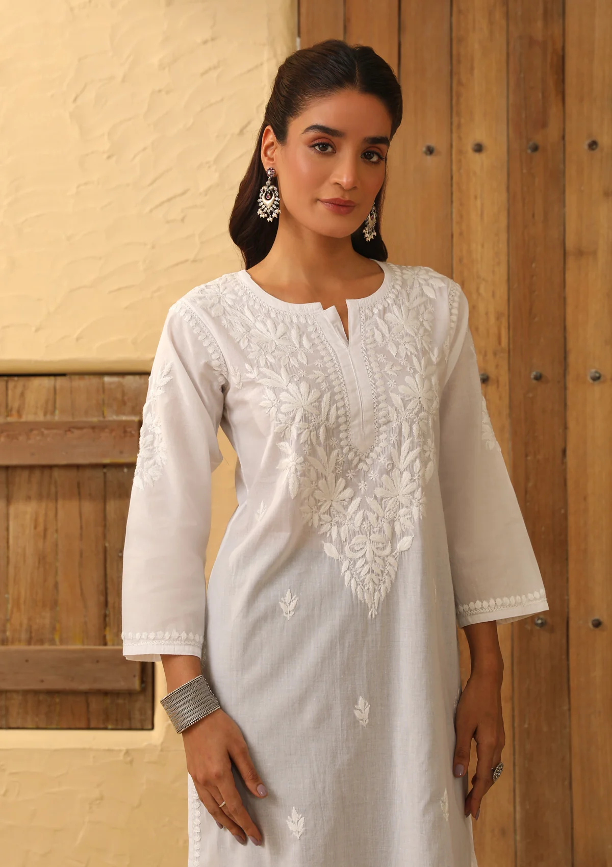HOC Cotton Chikankari Solid Women's Long Kurta - White - Healthber