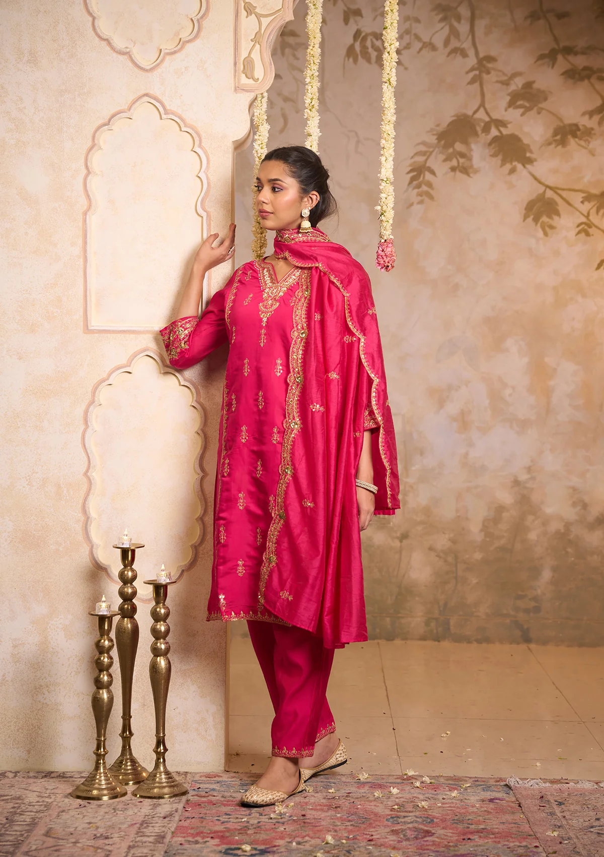 HOC Chanderi Blend Embroidered Zardozi Solid Women's 3 PC Long Kurta Set-Pink - Healthber