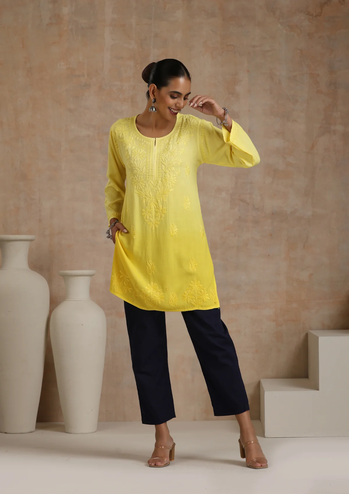 Rayon Chikankari Solid Women's Short Kurta - Yellow - Healthber