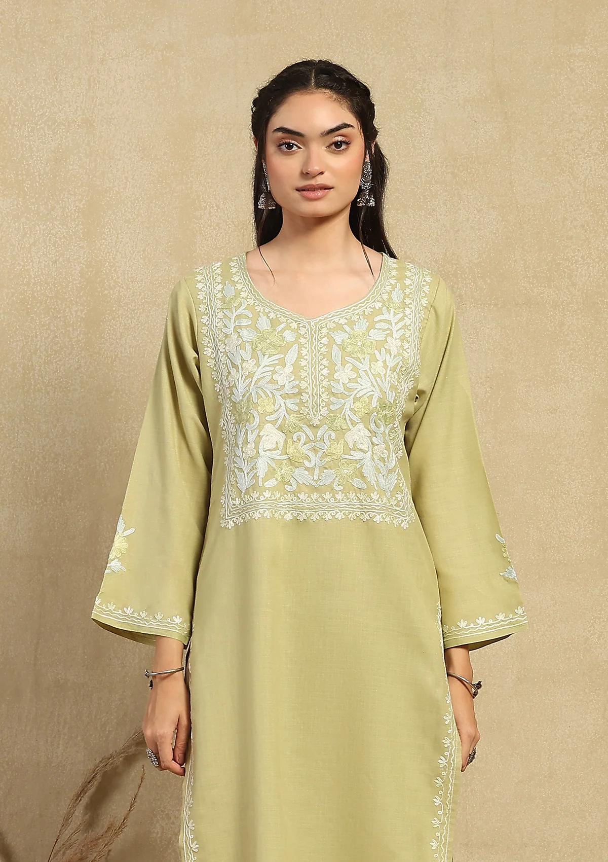 HOC Cotton Aari Embroidered Solid Women's 2 PC Long  Kurta Set - Green - Healthber