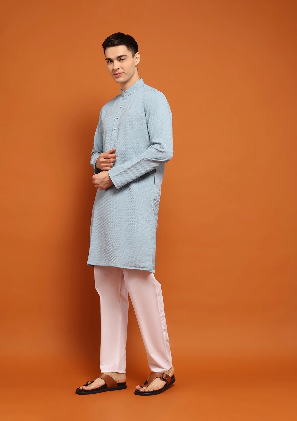HOC Dobby Textured Solid Men's Long Kurta - Powder Blue - Healthber