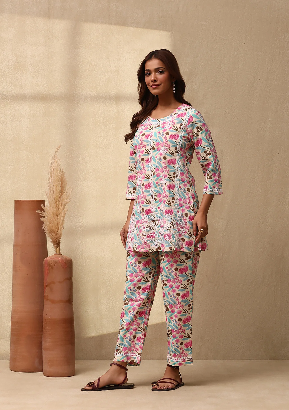 HOC Cotton Chikankari Printed Women's 2 PC Co-ord Set - Cream - Healthber