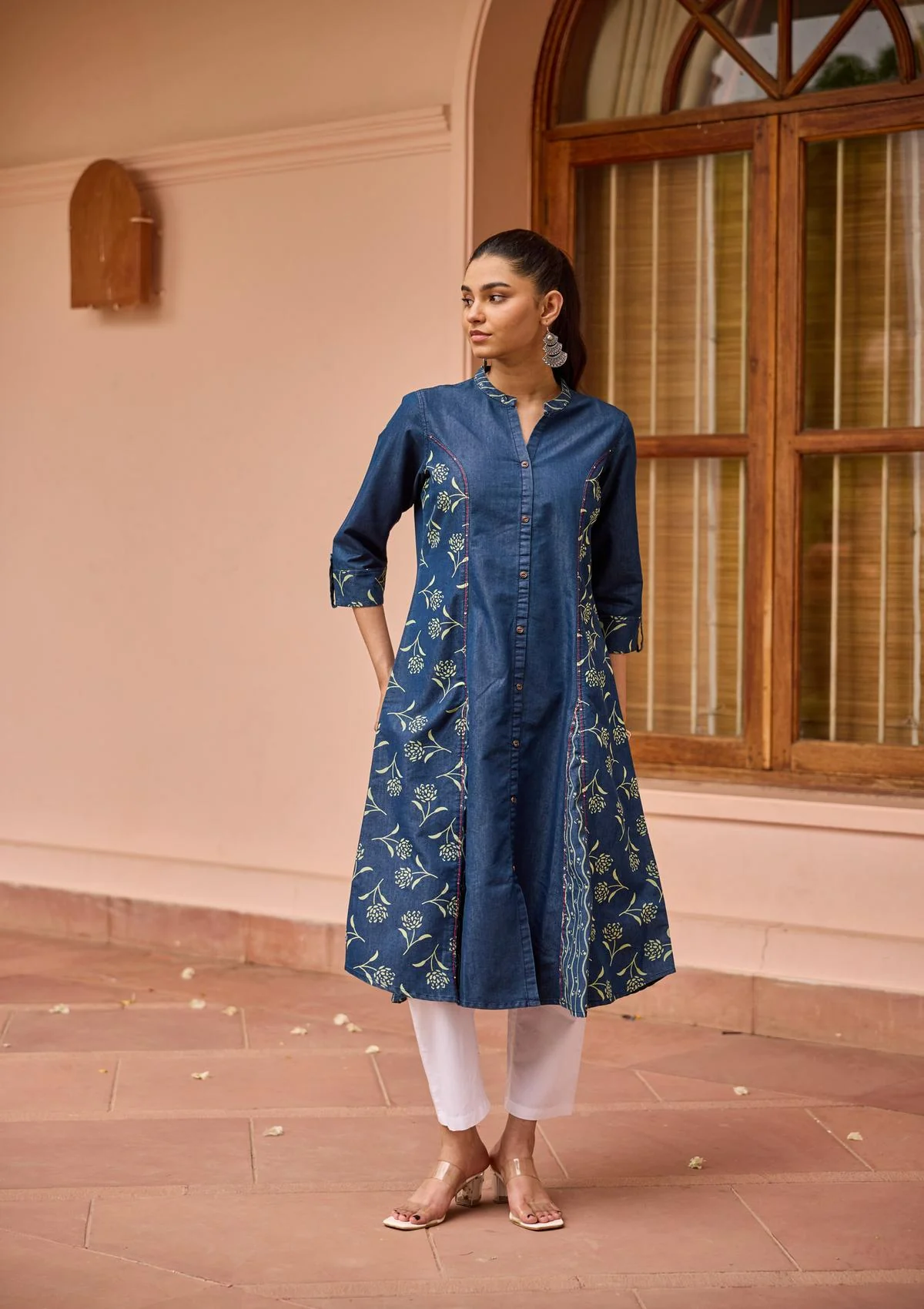 HOC Kantha Hand Embellished Denim Printed Women's A-Line Kurta-Green Wash Blue - Healthber