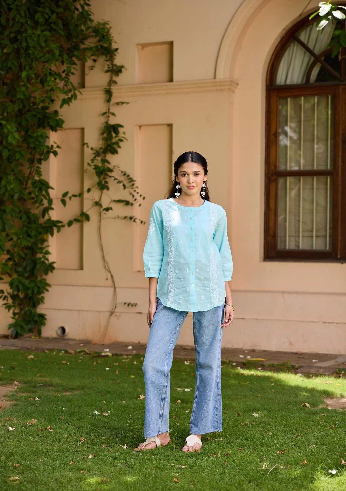 HOC Cotton Chikankari Solid Women's Shirt - Powder Blue - Healthber