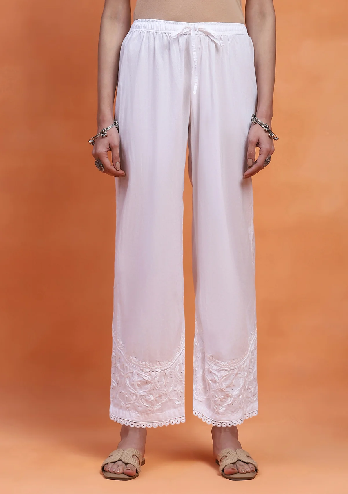 HOC Cotton Chikankari With Mukaish Solid Women's Palazzo - White - Healthber