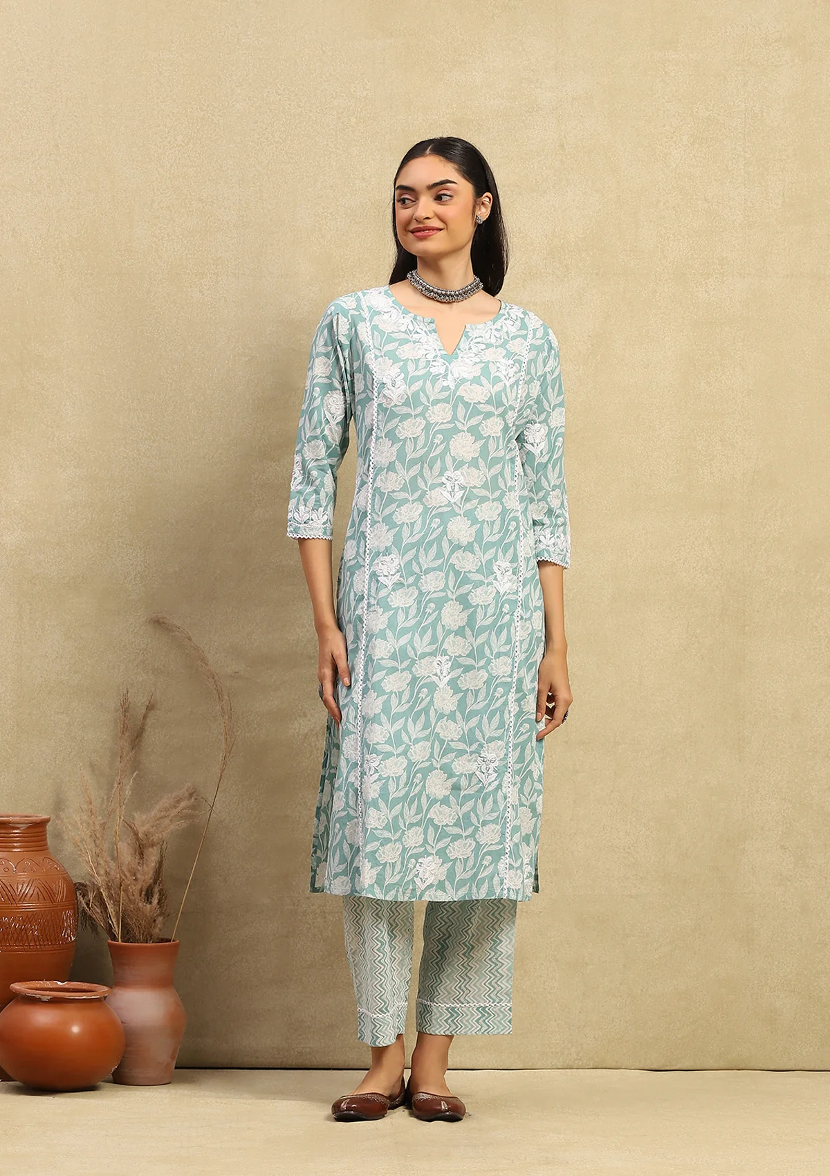 HOC Cotton Chikankari Printed Women's 2PC Long Kurta Set -  Teal Green - Healthber