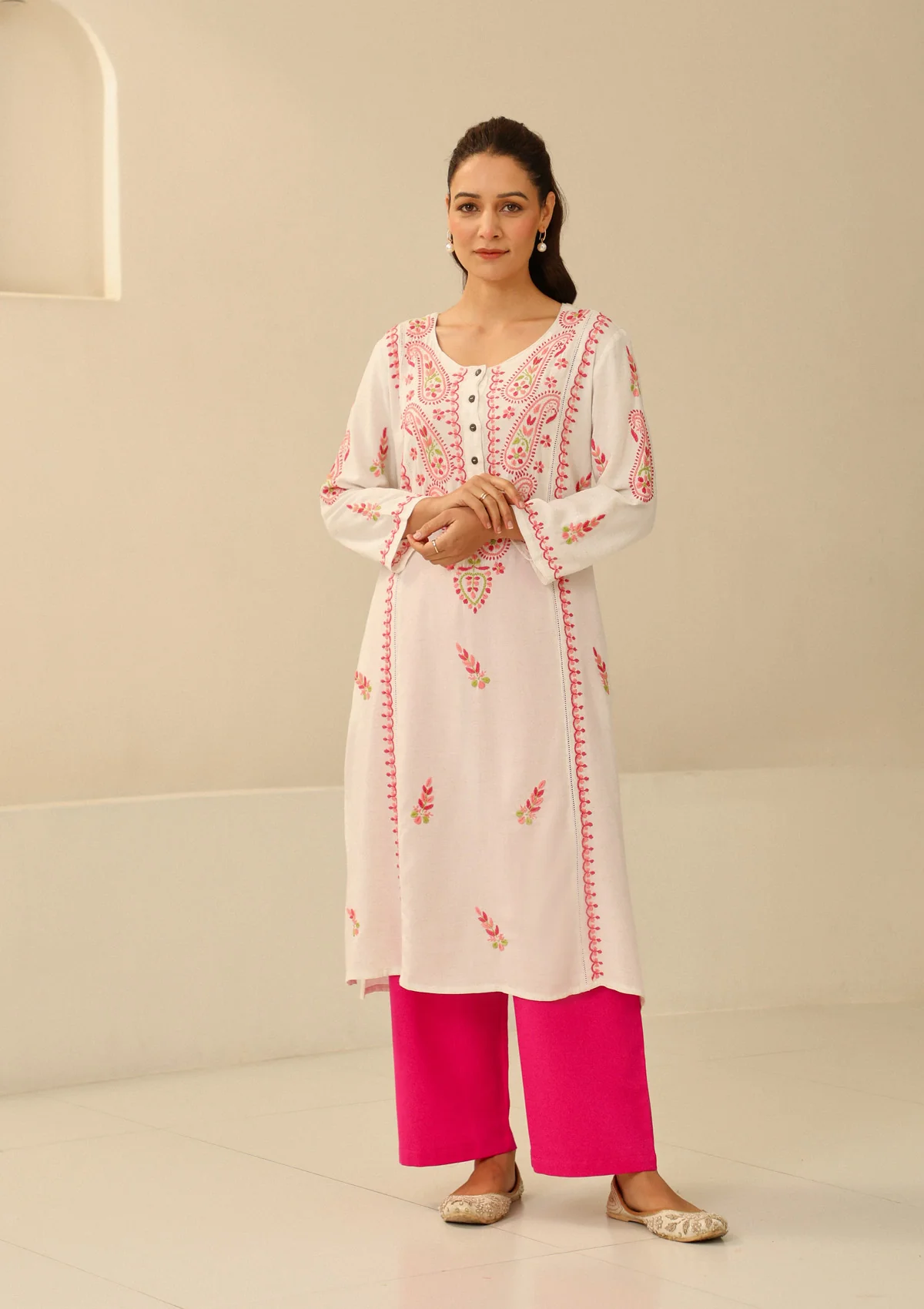 HOC Cotton Flex Chikankari Solid Women's Long Kurta With Lace - Off White - Healthber