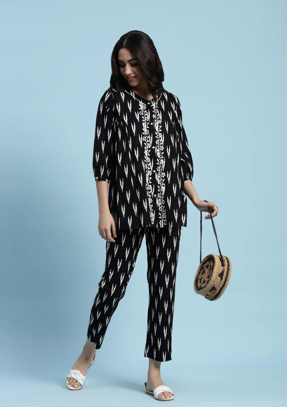 Cotton Chikankari Printed Women's 2 PC Co-ord Set - Black - Healthber