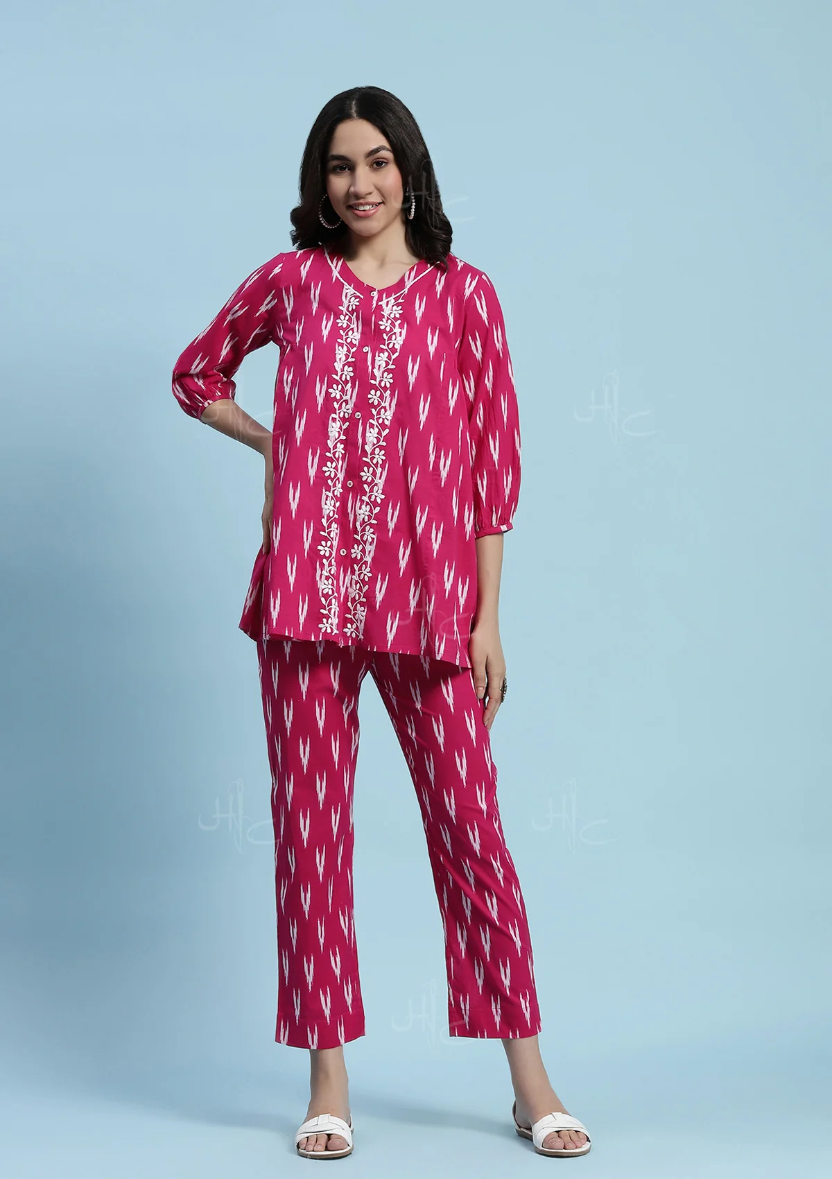 Cotton Chikankari Printed Women's 2 PC Co-ord Set - Pink - Healthber