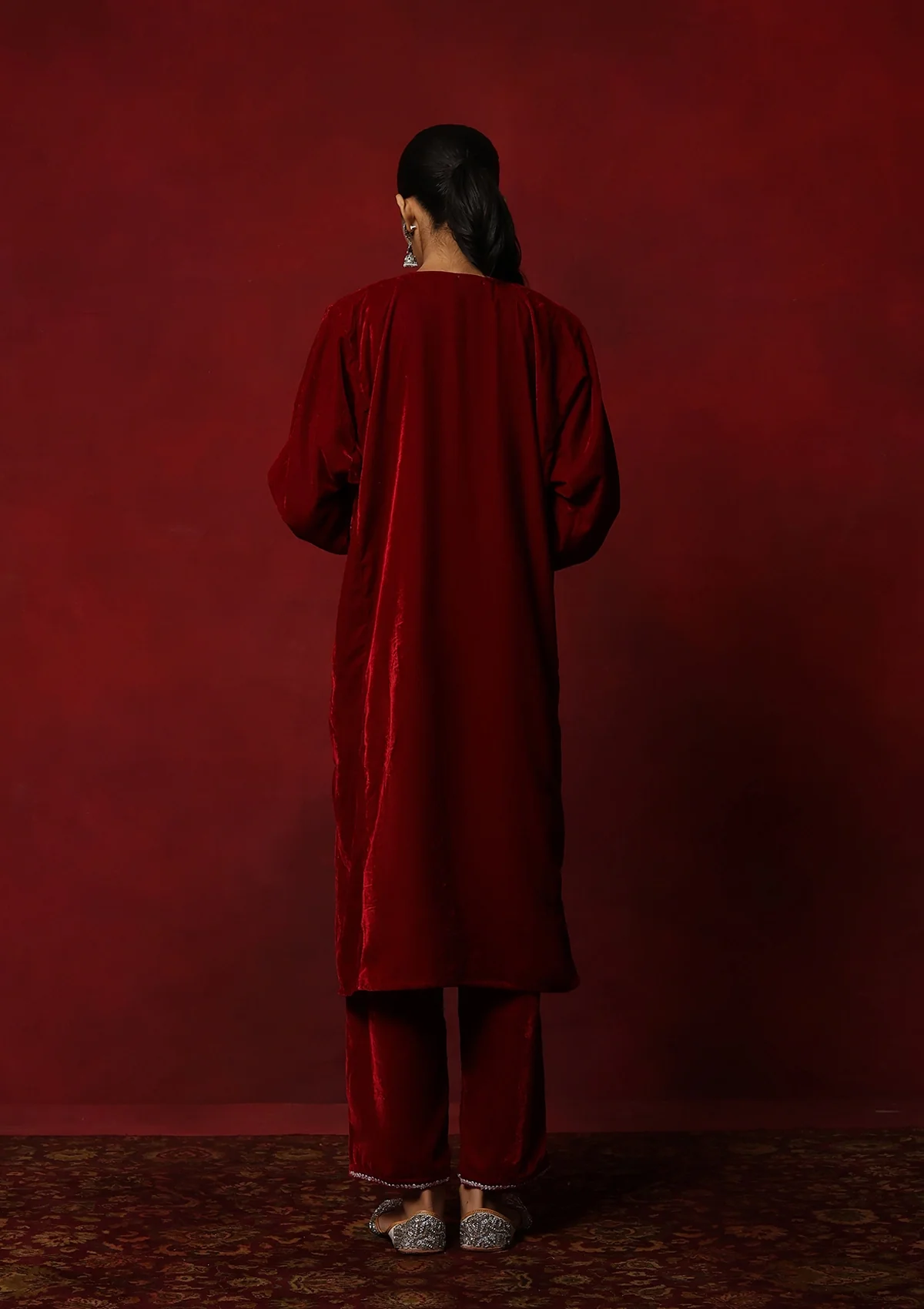 HOC Kashmiri Velvet Tilla Embroidered Solid Women's 2 PC Phiran Set -Maroon - Healthber