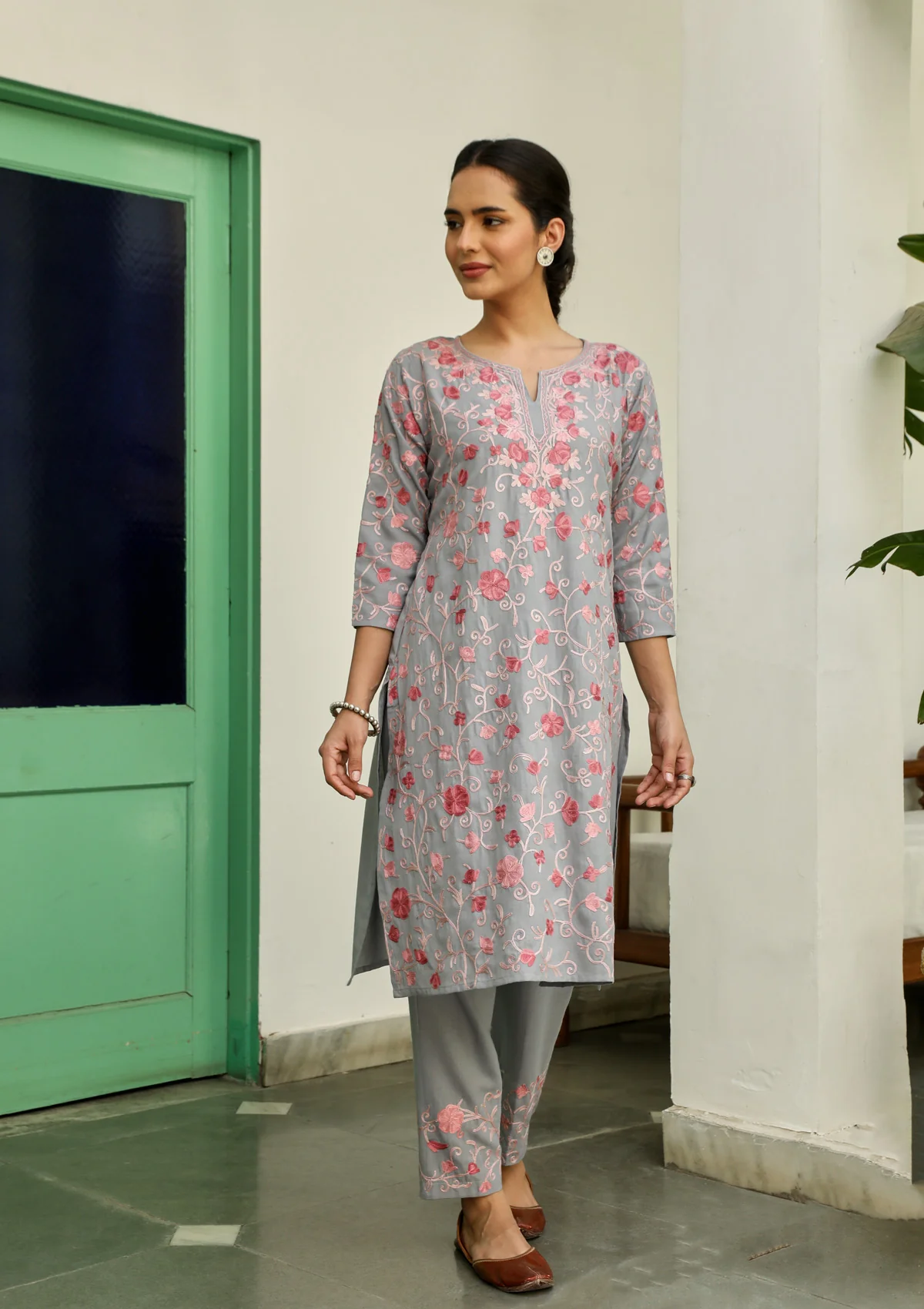 HOC Aari Embroidered Cotton Solid Women's 2PC Long Kurta Set - Grey - Healthber