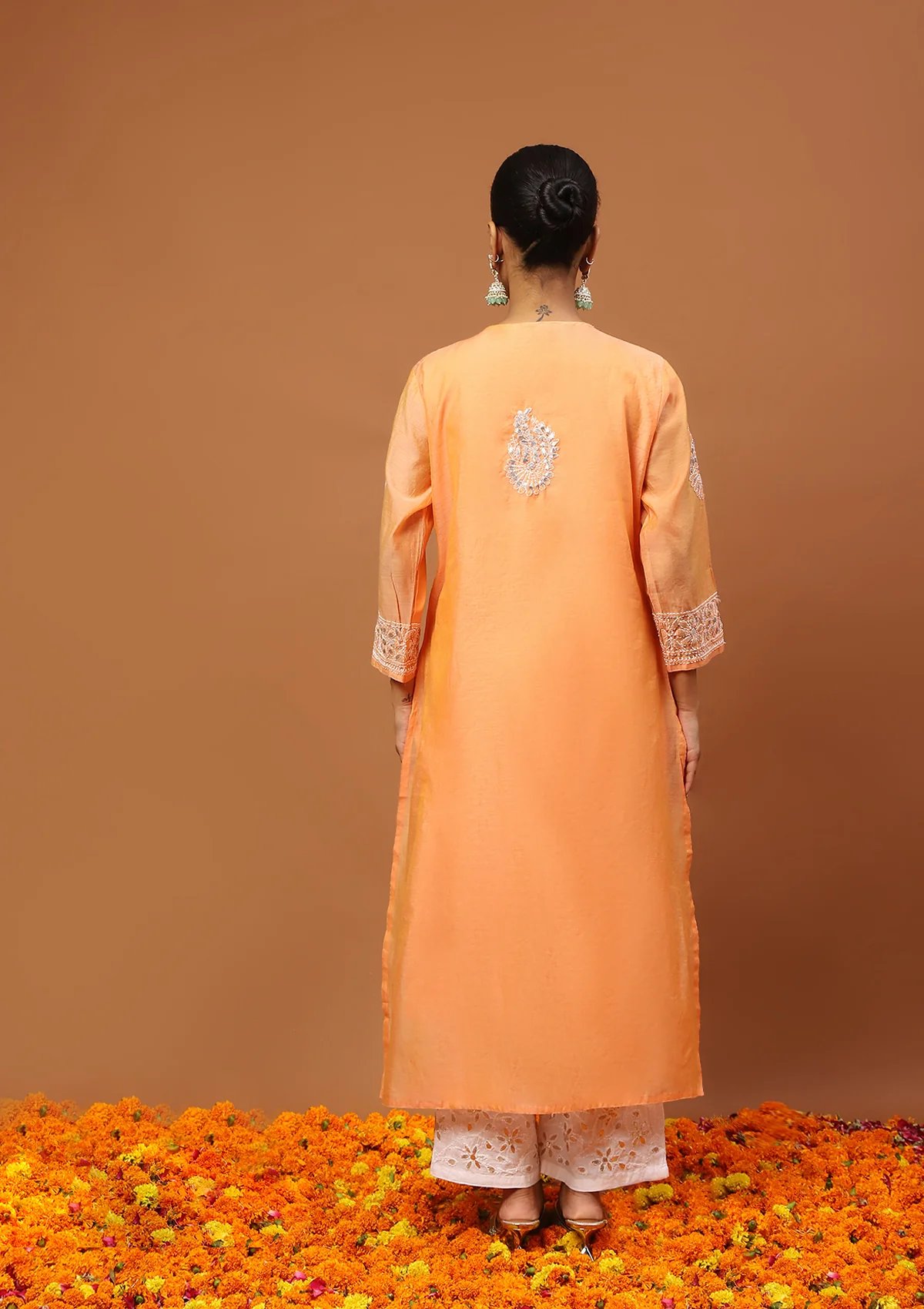 HOC Chanderi Chikankari Gota Work Solid Women's 4 PC Long Kurta Set-Orange - Healthber