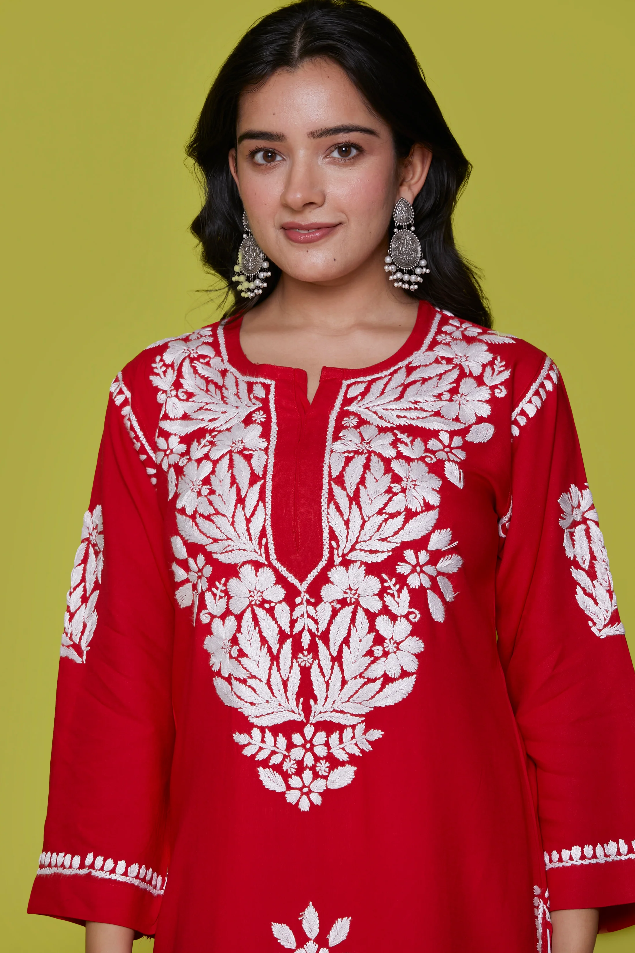 Rayon Chikankari Solid Women's Long Kurta - Red - Healthber