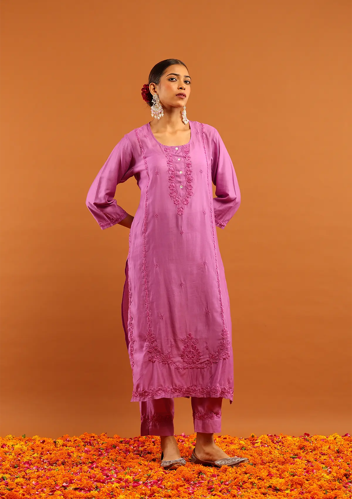 HOC Chanderi Chikankari Solid Women's 2 PC Long Kurta Set - Purple - Healthber